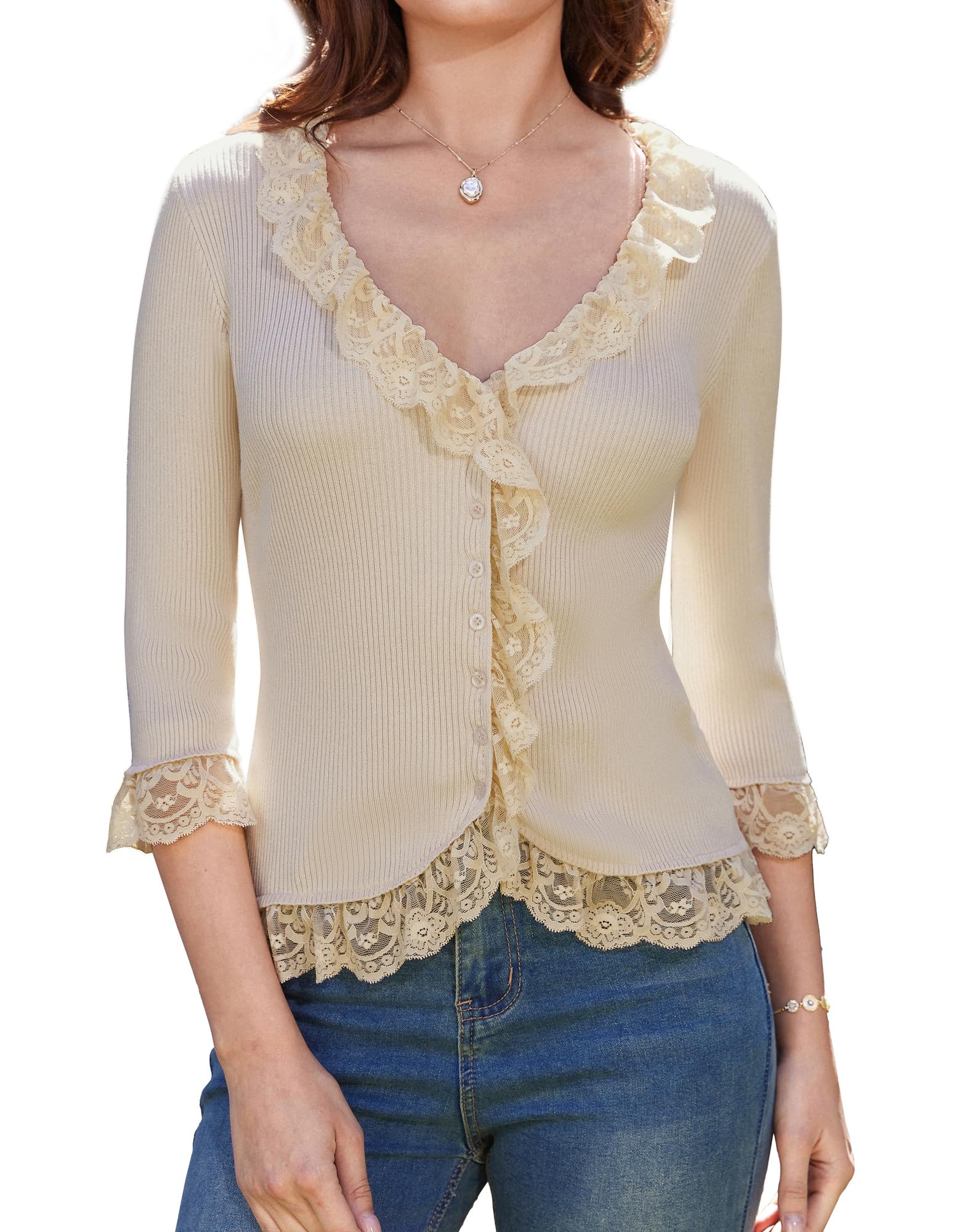 Jersey Tipo Cárdigan Grace Karin Con Mangas 3/4 Y Encaje Con Parte Delantera Abierta, Color Albaricoque - Venta I