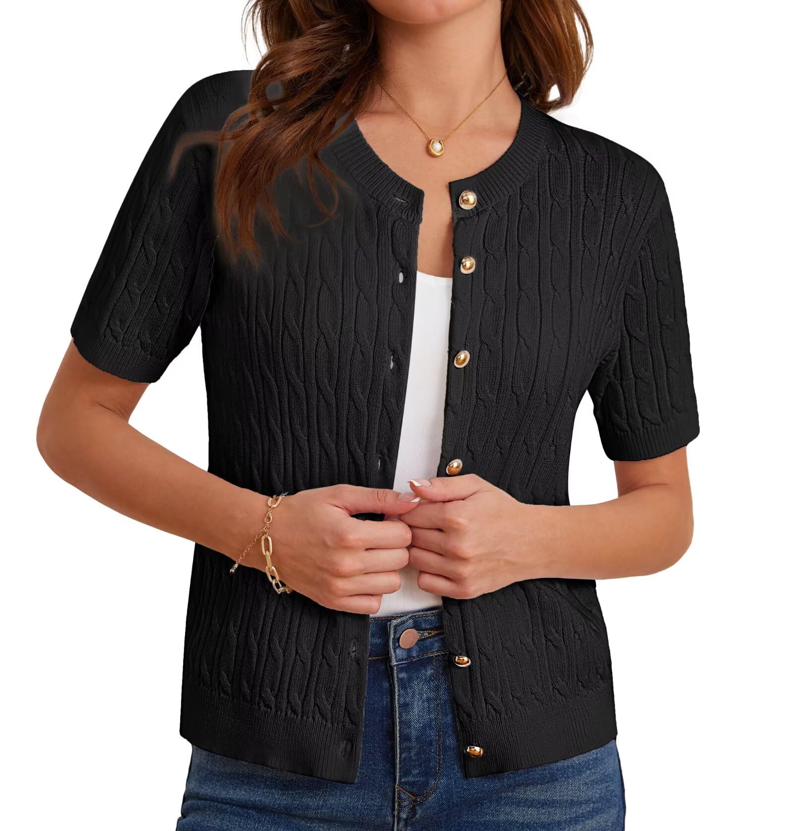 Foto 2 pulgar | Cárdigan Grace Karin De Manga Corta De Punto Trenzado Negro Para Mujer - Venta Internacional.