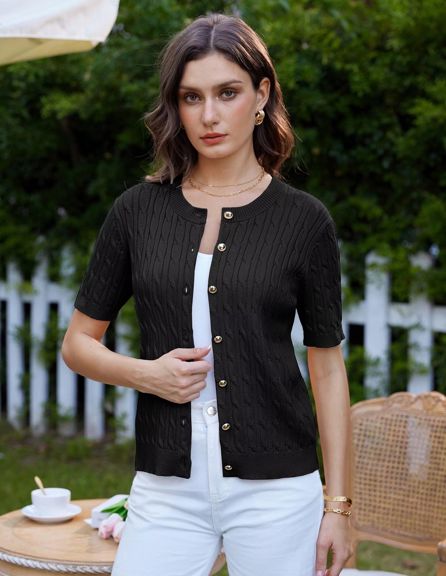 Foto 2 | Cárdigan Grace Karin De Manga Corta De Punto Trenzado Negro Para Mujer - Venta Internacional.