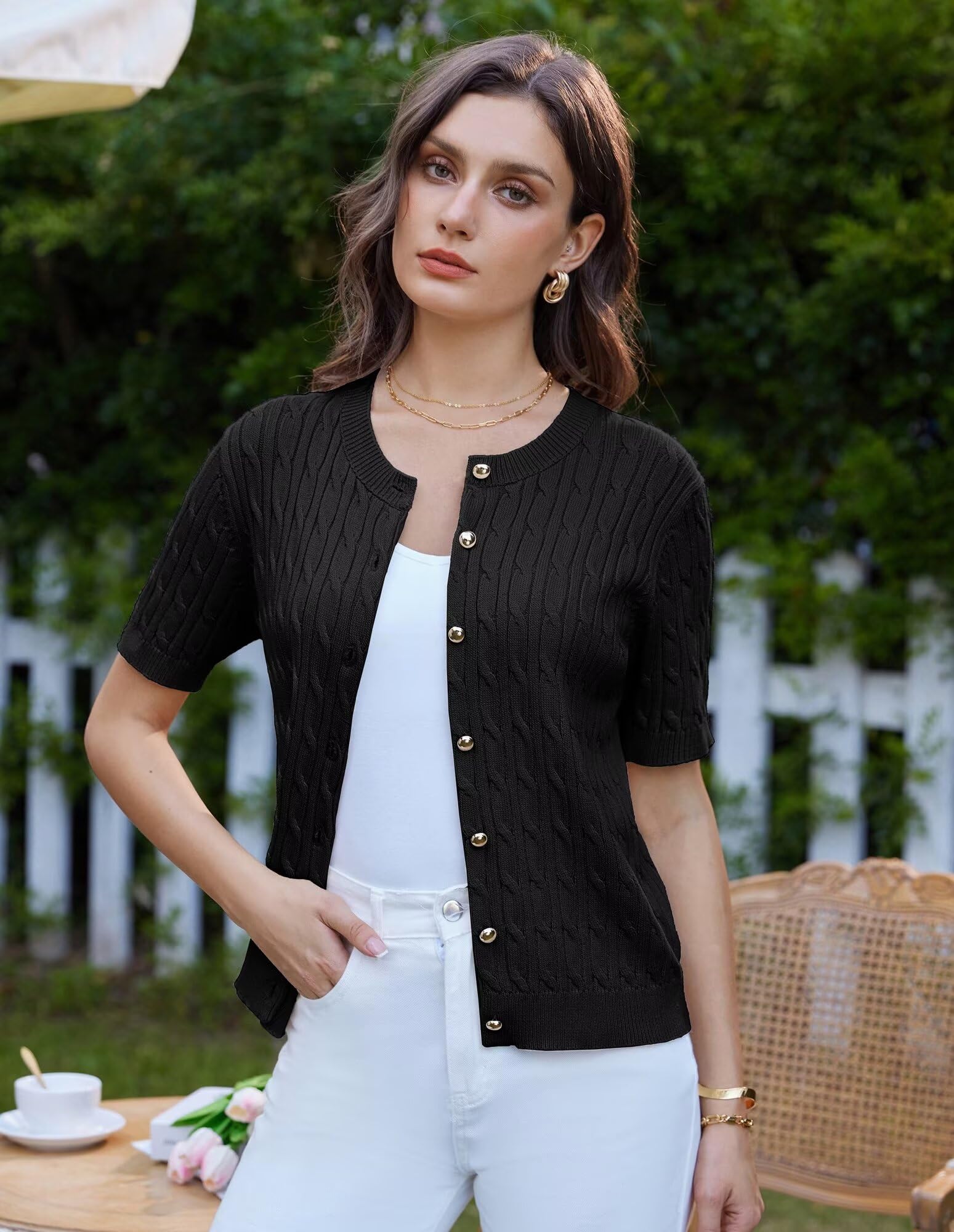 Foto 8 pulgar | Cárdigan Grace Karin De Manga Corta De Punto Trenzado Negro Para Mujer - Venta Internacional.