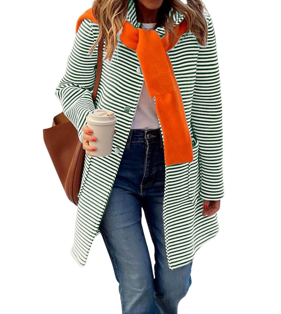 Jersey Tipo Cárdigan Chouyatou Para Mujer, Color Bloque A Rayas, Verde - Venta Internacional.