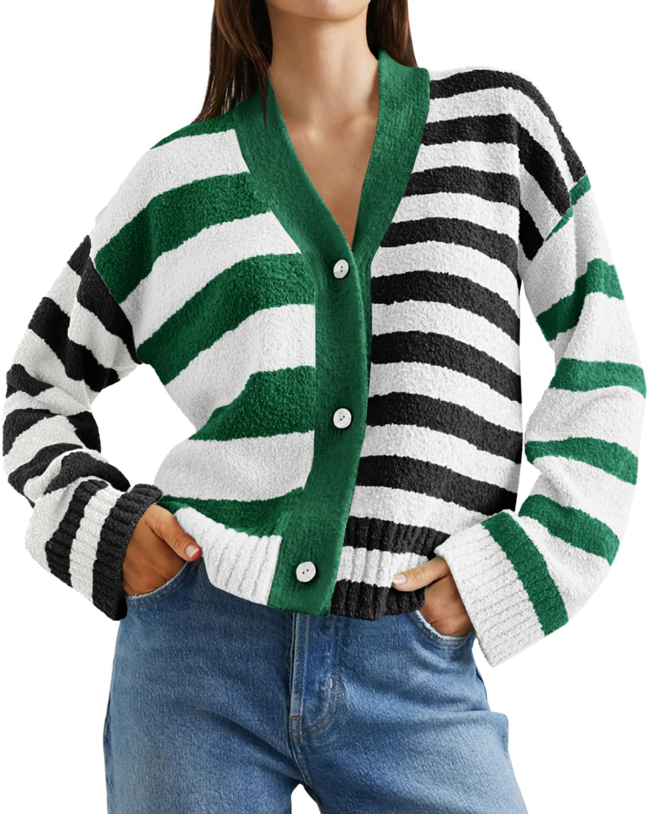 Foto 1 | Jersey Tipo Cárdigan Saodimallsu A Rayas Con Cuello En V Y Botones, Color Verde Oscuro - Venta Internacional.