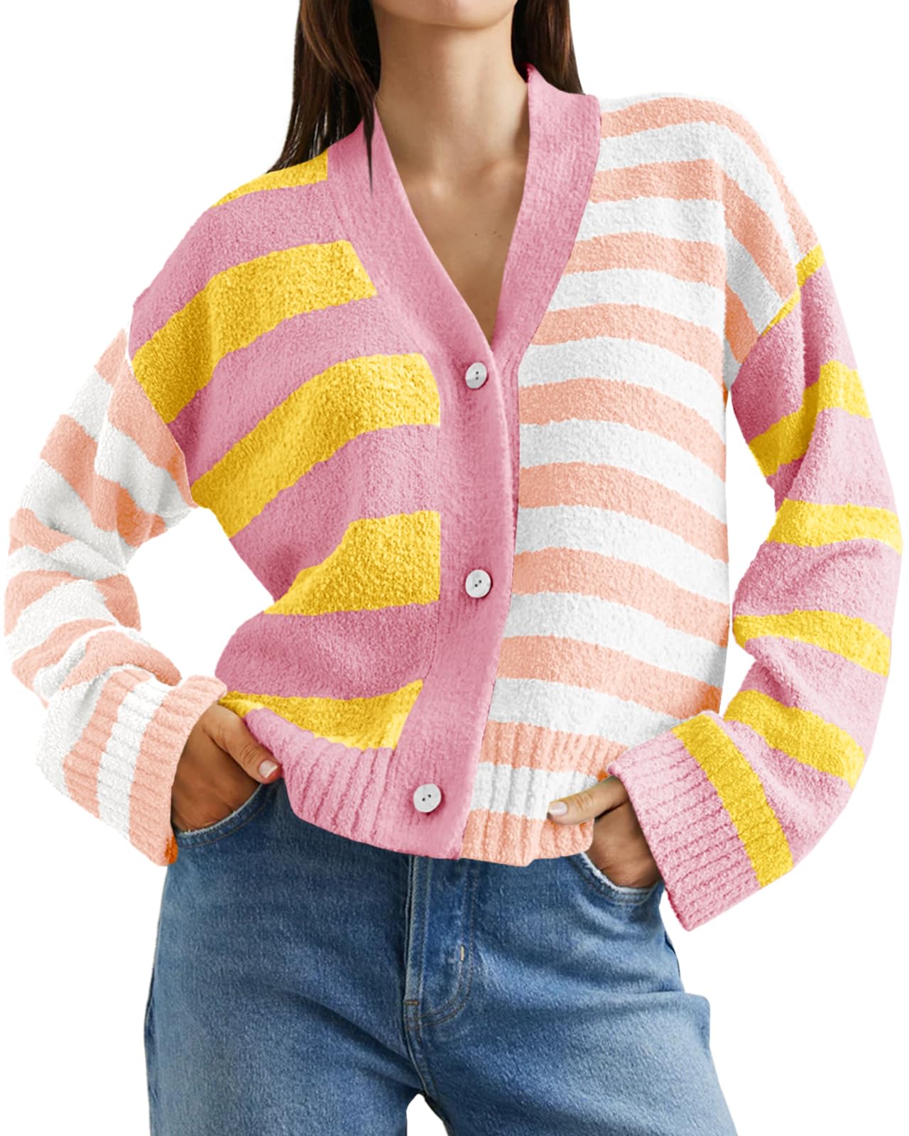Suéter Tipo Cárdigan Saodimallsu A Rayas Con Cuello En V Y Botones Para Mujer - Venta Internacional.