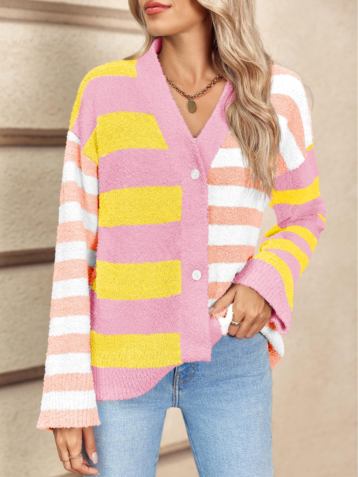 Foto 3 pulgar | Suéter Tipo Cárdigan Saodimallsu A Rayas Con Cuello En V Y Botones Para Mujer - Venta Internacional.