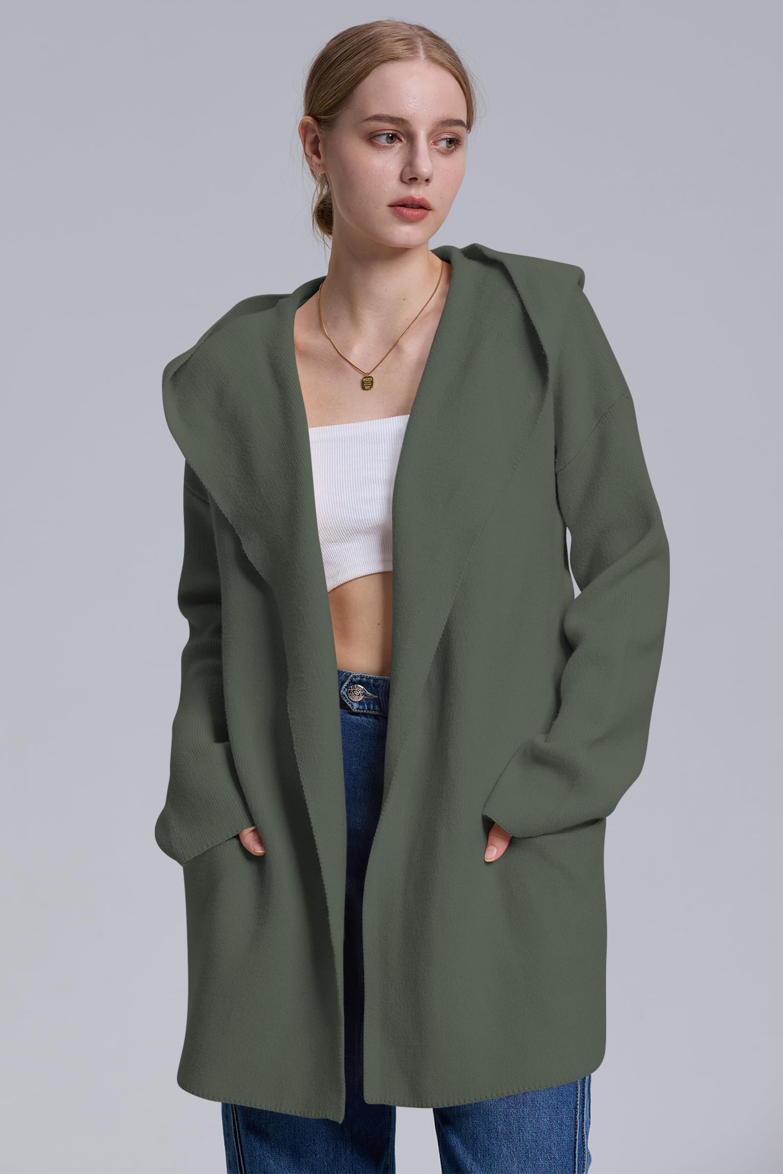 Foto 2 | Jersey Tipo Cárdigan Cakulo, Largo, Con Capucha, Talla G, Verde, Para Mujer - Venta Internacional.