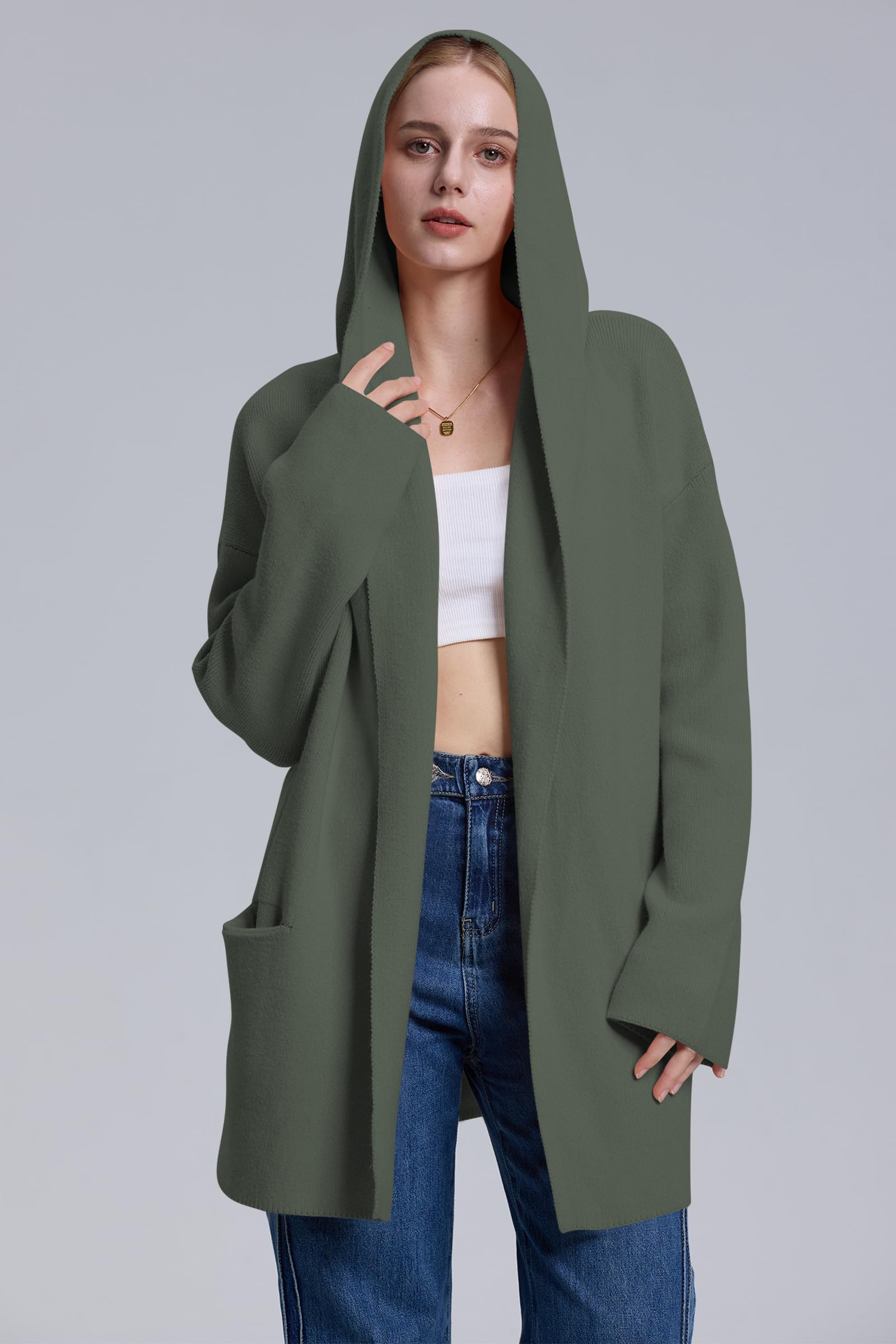 Foto 3 | Jersey Tipo Cárdigan Cakulo, Largo, Con Capucha, Talla G, Verde, Para Mujer - Venta Internacional.