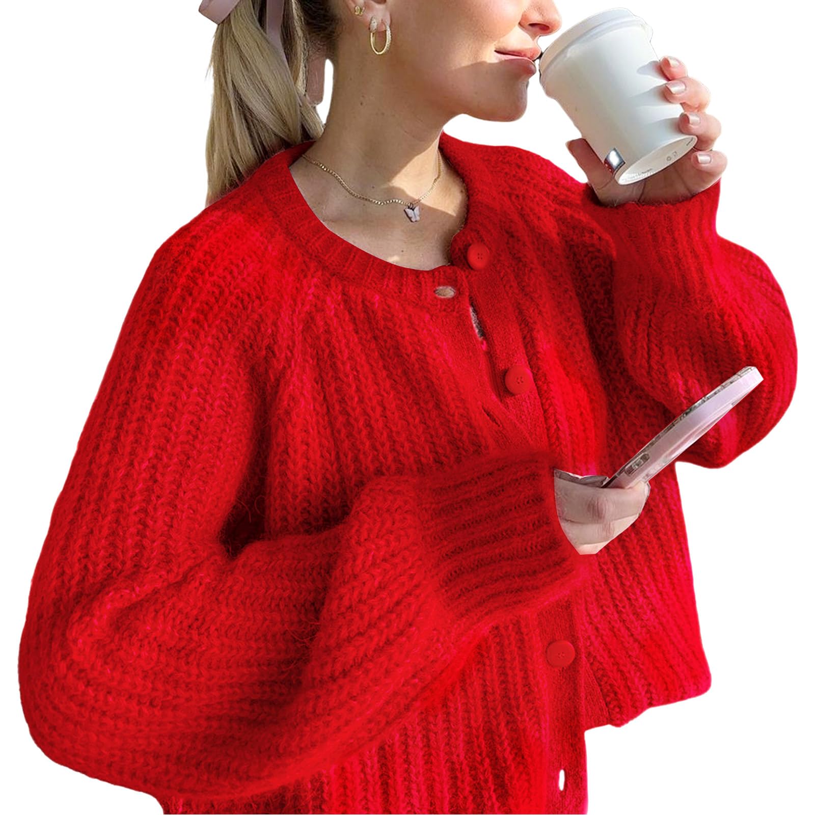 Jersey Tipo Cárdigan Yimoon Para Mujer, De Punto Grueso Y2k, Rojo - Venta Internacional.
