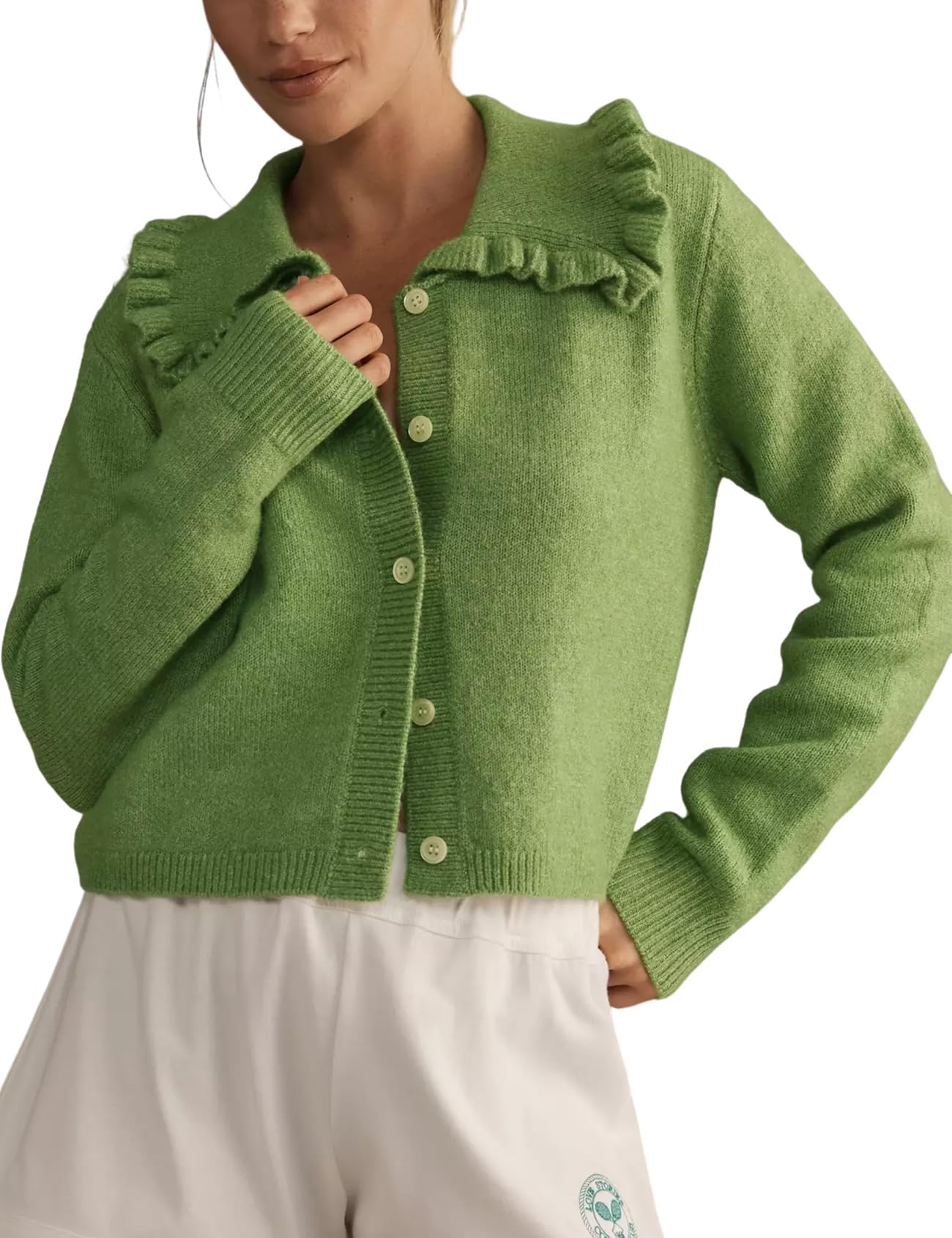 Jersey Tipo Cárdigan Yimoon Con Cuello Con Volantes, Color Verde, Para Mujer - Venta Internacional.