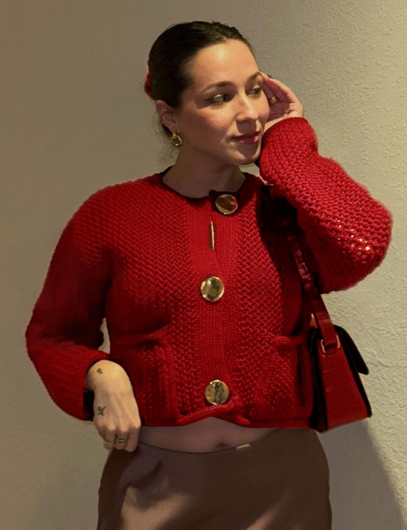 Foto 3 pulgar | Jersey Tipo Cárdigan Yimoon, Corto, De Punto Grueso, Rojo Para Mujer - Venta Internacional.