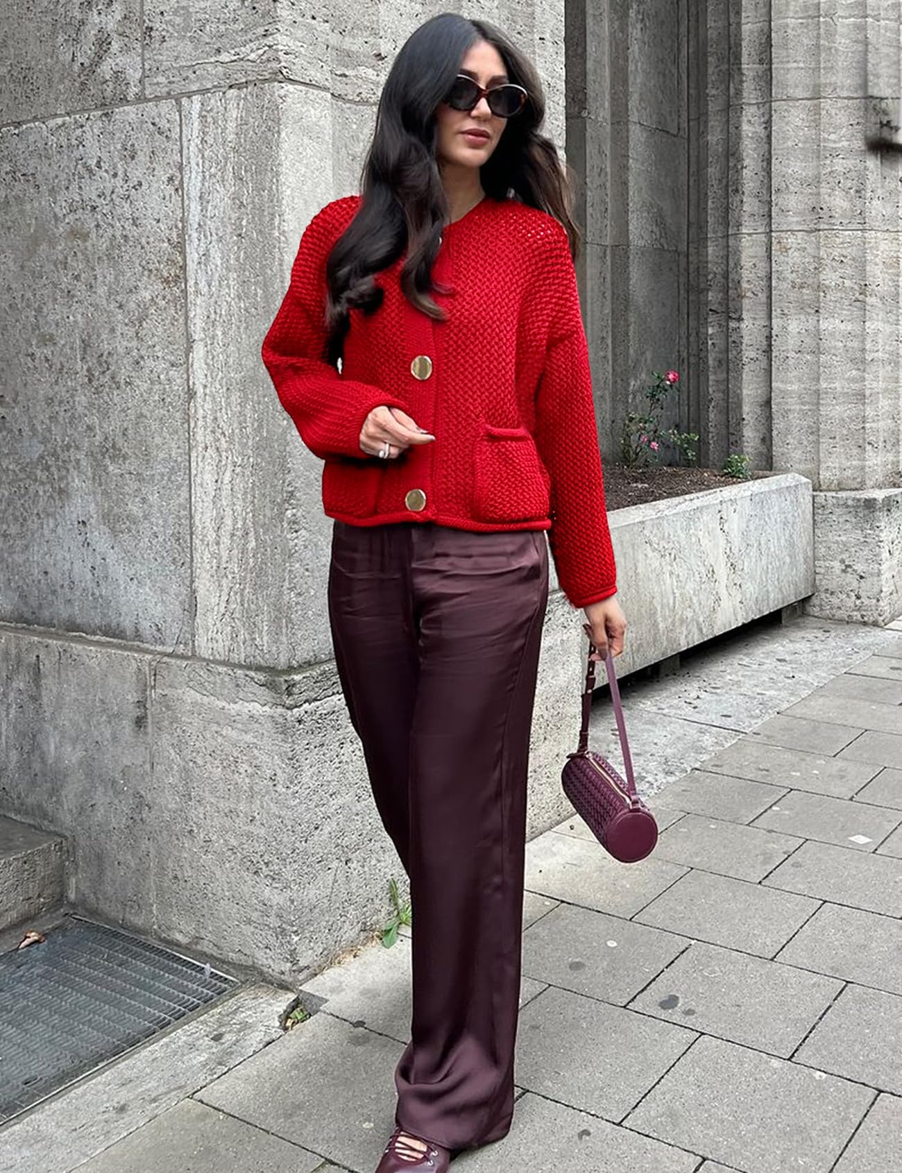 Foto 4 pulgar | Jersey Tipo Cárdigan Yimoon, Corto, De Punto Grueso, Rojo Para Mujer - Venta Internacional.