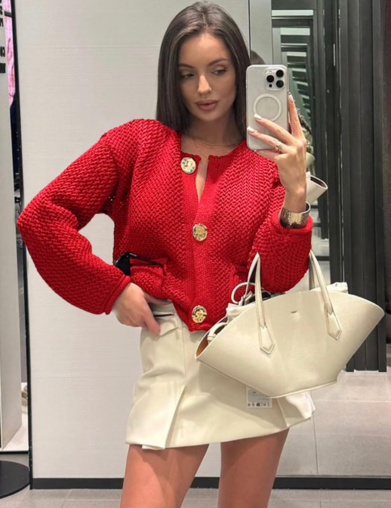 Foto 5 | Jersey Tipo Cárdigan Yimoon, Corto, De Punto Grueso, Rojo Para Mujer - Venta Internacional.
