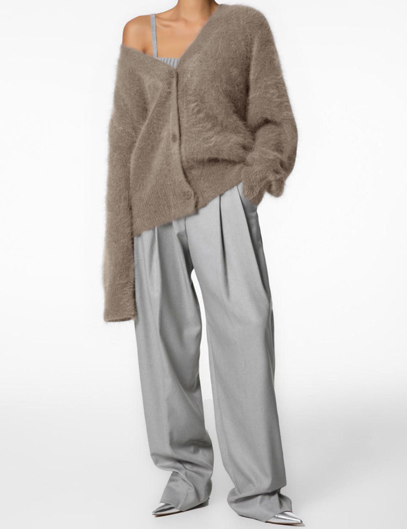 Foto 6 | Jersey Tipo Cárdigan Yimoon Fuzzy Con Cuello En V Y Botones Para Mujer - Venta Internacional.