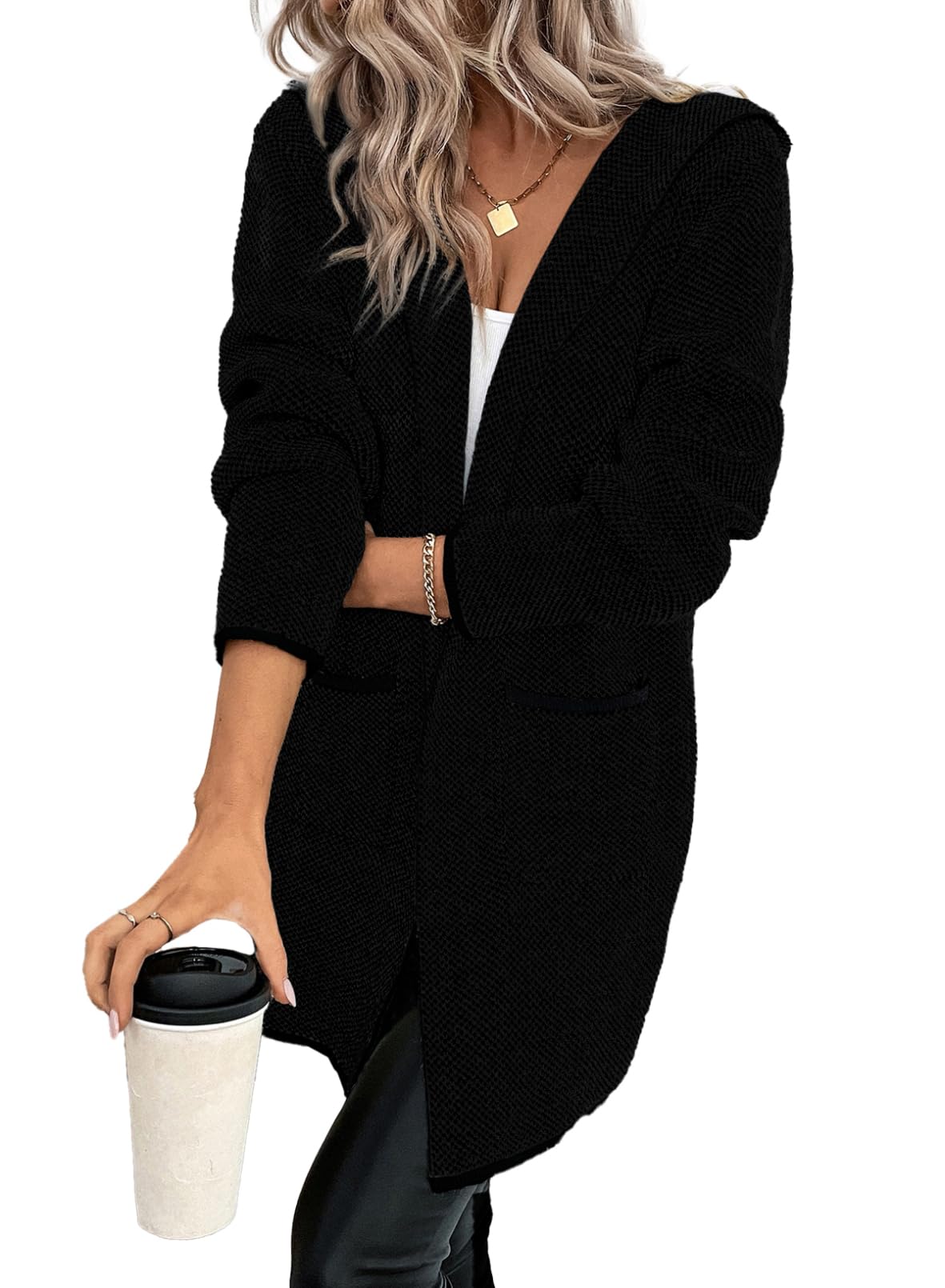 Foto 2 pulgar | Jersey Tipo Cárdigan Sidefeel Para Mujer, Parte Delantera Abierta En Contraste, Negro, L - Venta Internacional.
