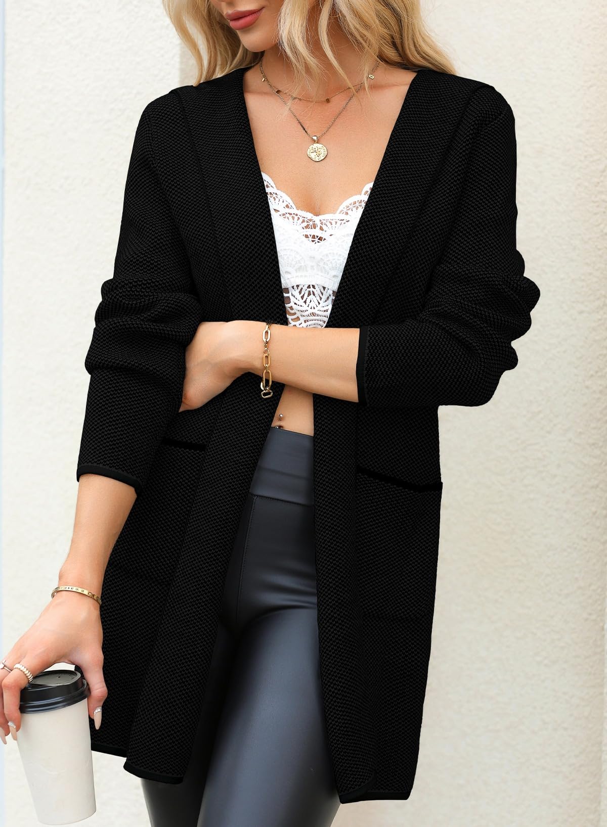 Foto 4 pulgar | Jersey Tipo Cárdigan Sidefeel Para Mujer, Parte Delantera Abierta En Contraste, Negro, L - Venta Internacional.