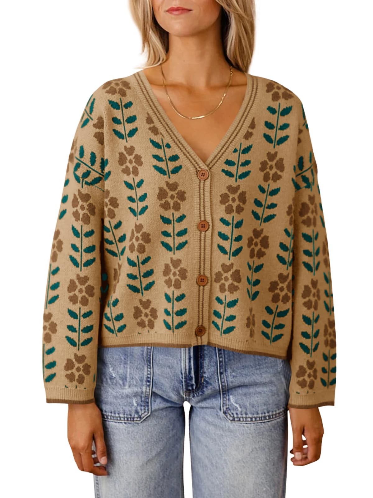 Foto 2 pulgar | Suéter Tipo Cárdigan Saodimallsu Con Estampado Floral Con Cuello En V Para Mujer Marrón - Venta Internacional.