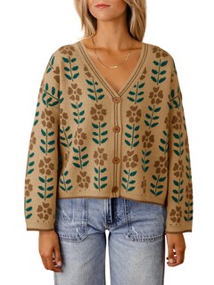 Foto 1 | Suéter Tipo Cárdigan Saodimallsu Con Estampado Floral Con Cuello En V Para Mujer Marrón - Venta Internacional.