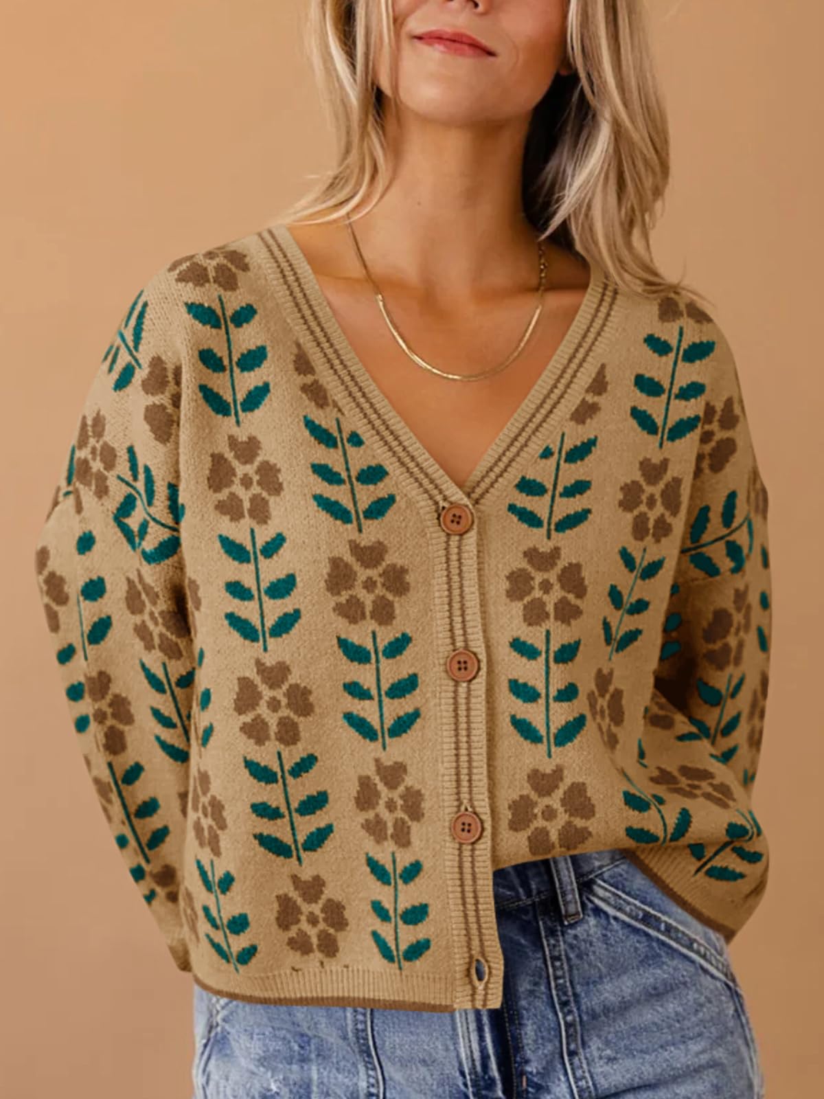 Foto 3 pulgar | Suéter Tipo Cárdigan Saodimallsu Con Estampado Floral Con Cuello En V Para Mujer Marrón - Venta Internacional.