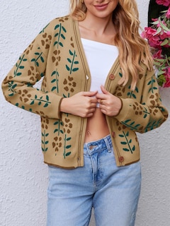Foto 5 | Suéter Tipo Cárdigan Saodimallsu Con Estampado Floral Con Cuello En V Para Mujer Marrón - Venta Internacional.
