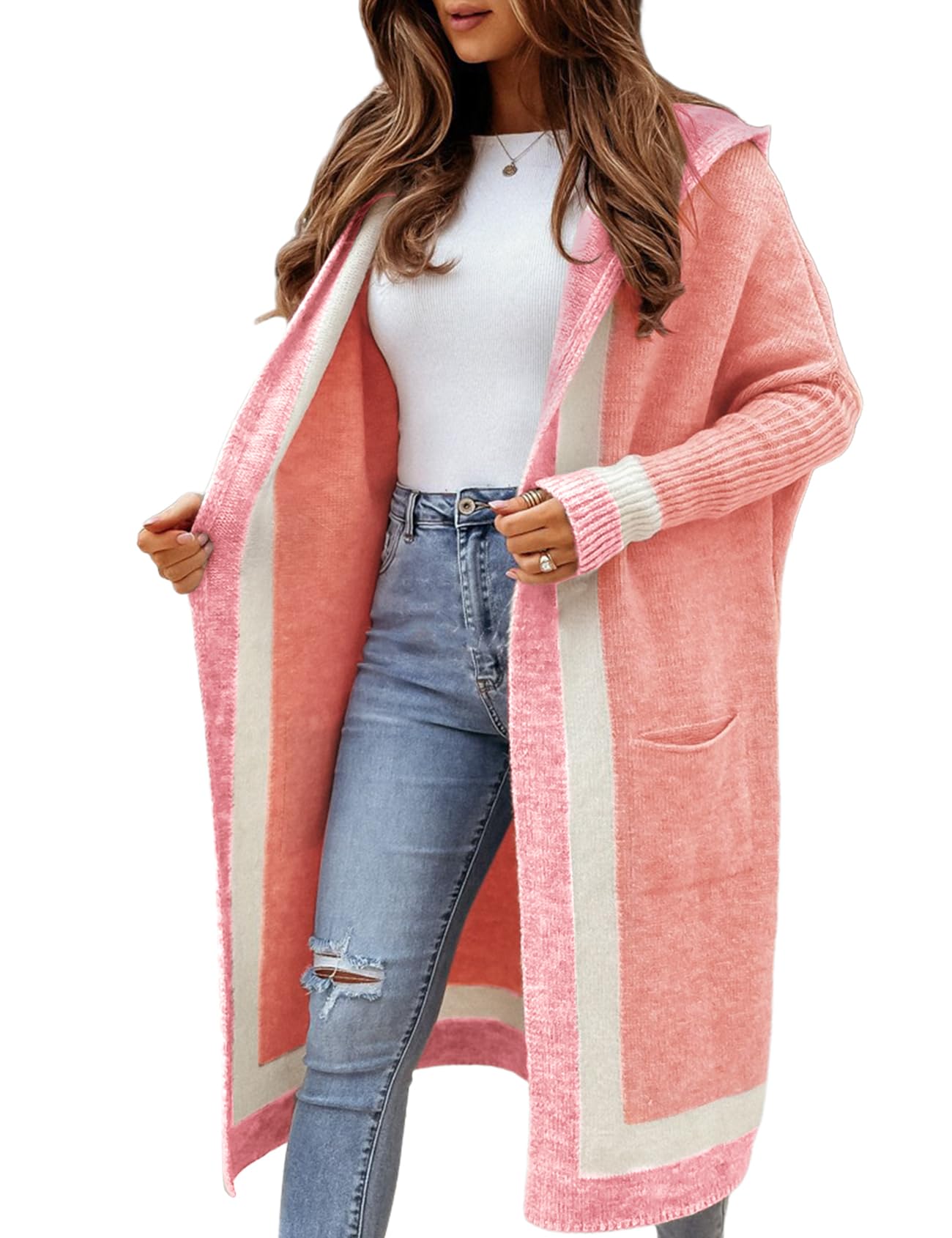 Jersey Tipo Cárdigan Yimoon Con Capucha De Punto En Bloque De Colores Rosa Xl Para Mujer - Venta Internacional.