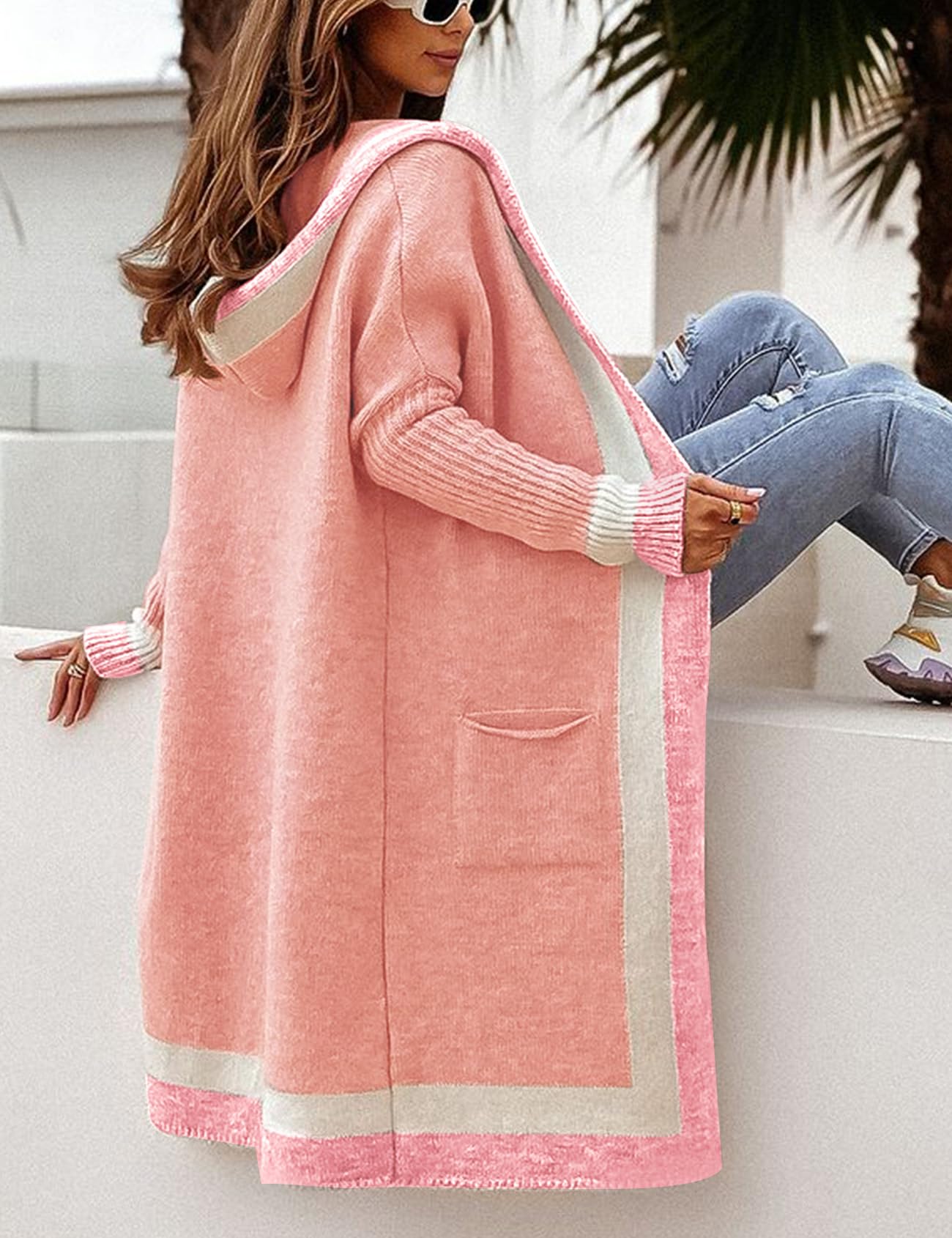 Foto 5 | Jersey Tipo Cárdigan Yimoon Con Capucha De Punto En Bloque De Colores Rosa Xl Para Mujer - Venta Internacional.