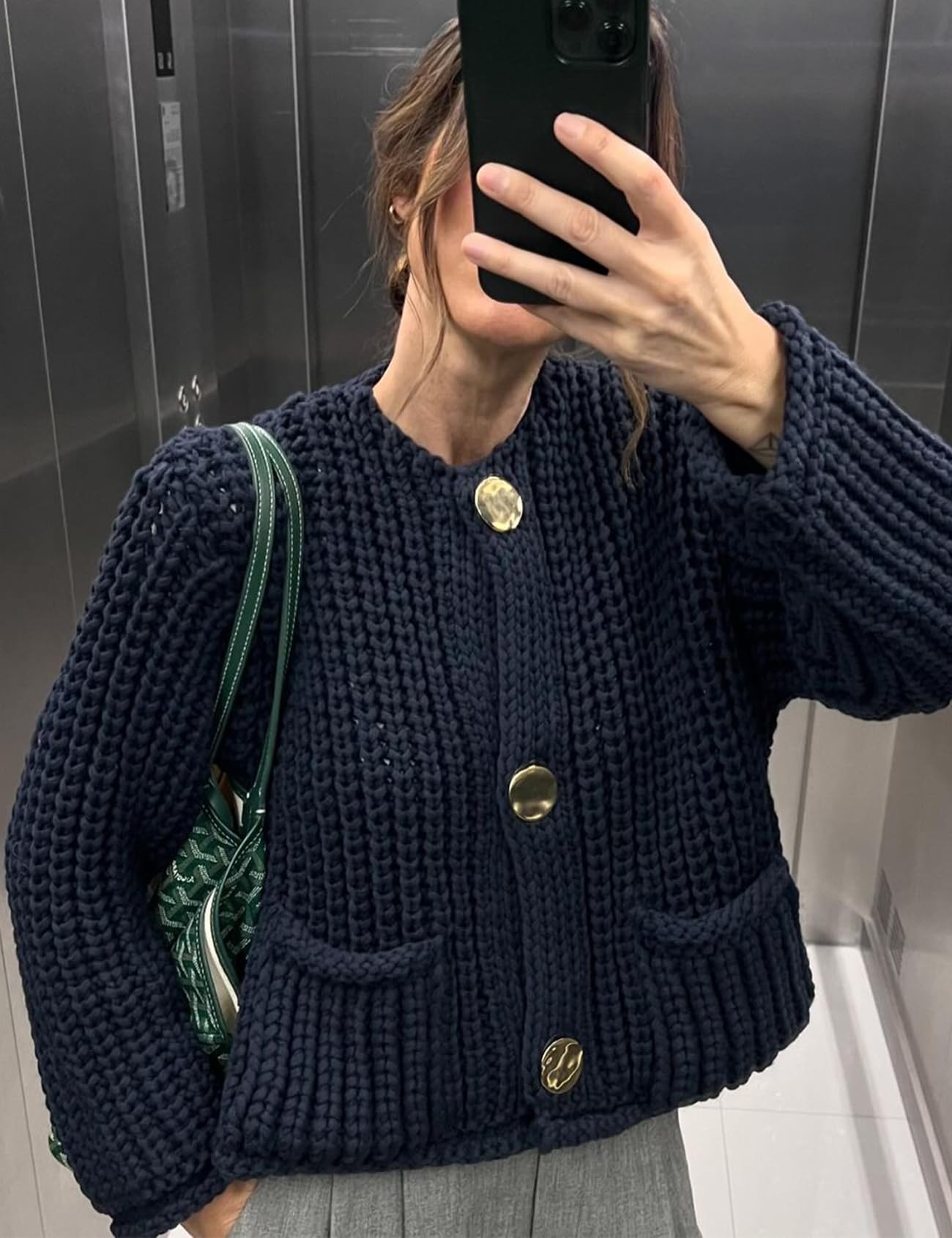 Foto 2 | Jersey Tipo Cárdigan Yimoon Para Mujer, De Punto Grueso, Corto, Azul Marino - Venta Internacional.