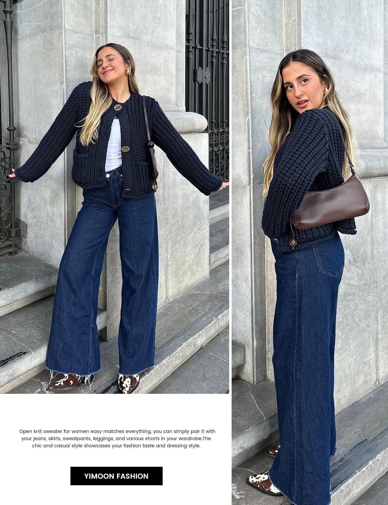 Foto 6 | Jersey Tipo Cárdigan Yimoon Para Mujer, De Punto Grueso, Corto, Azul Marino - Venta Internacional.