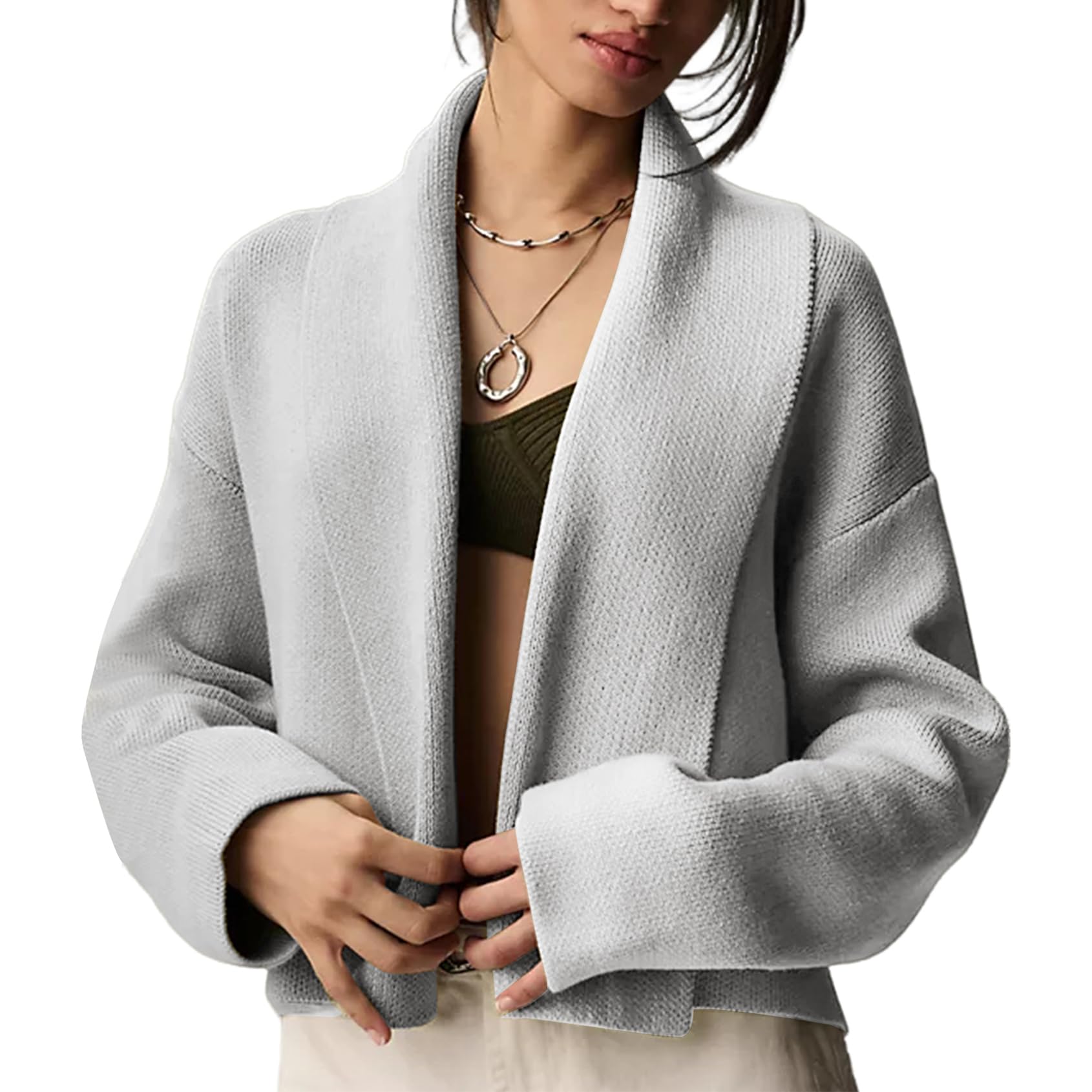 Jersey Tipo Cárdigan Yimoon, Corto, De Punto Con Solapa Extragrande, Gris - Venta Internacional.