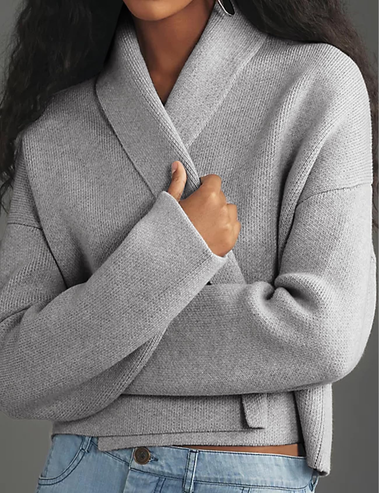 Foto 4 | Jersey Tipo Cárdigan Yimoon, Corto, De Punto Con Solapa Extragrande, Gris - Venta Internacional.