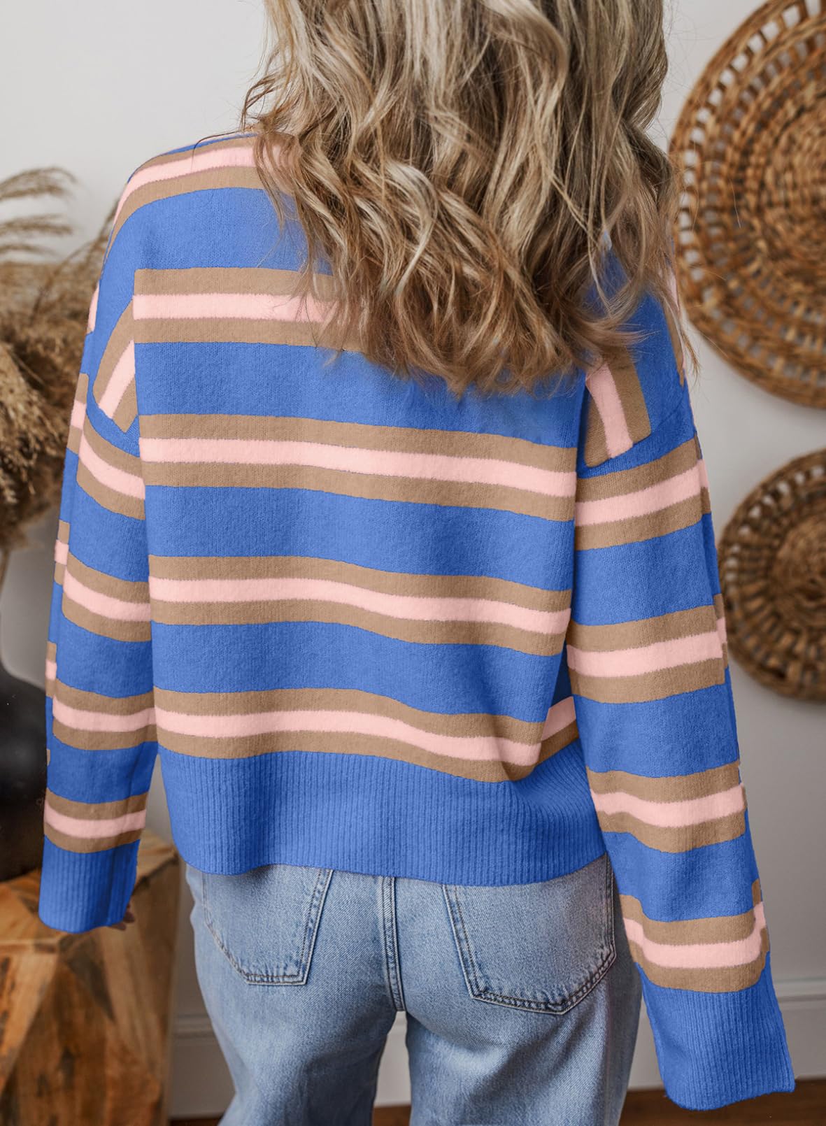 Foto 2 | Cárdigan Evaless Para Mujer, Corto, De Punto Grueso, A Rayas, Azul, Xxl - Venta Internacional.
