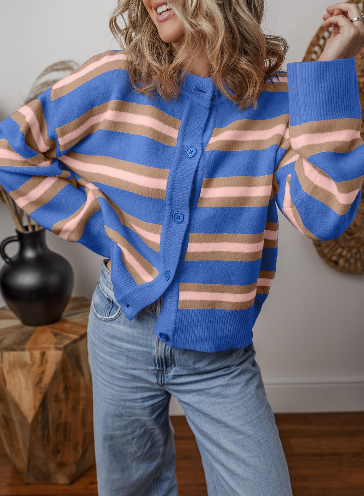 Foto 3 | Cárdigan Evaless Para Mujer, Corto, De Punto Grueso, A Rayas, Azul, Xxl - Venta Internacional.
