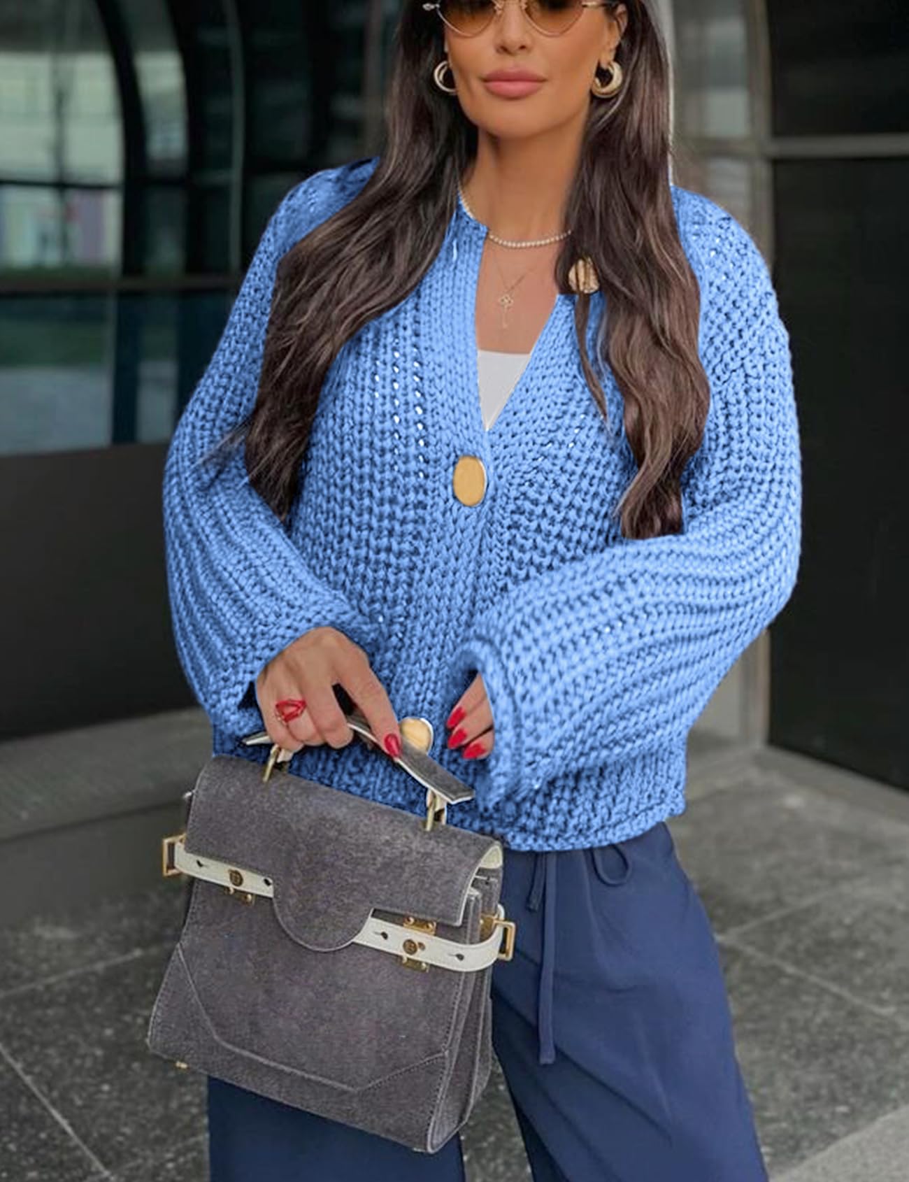 Foto 2 | Jersey Tipo Cárdigan Yimoon Para Mujer, De Punto Grueso, Azul Recortado, Talla S - Venta Internacional.