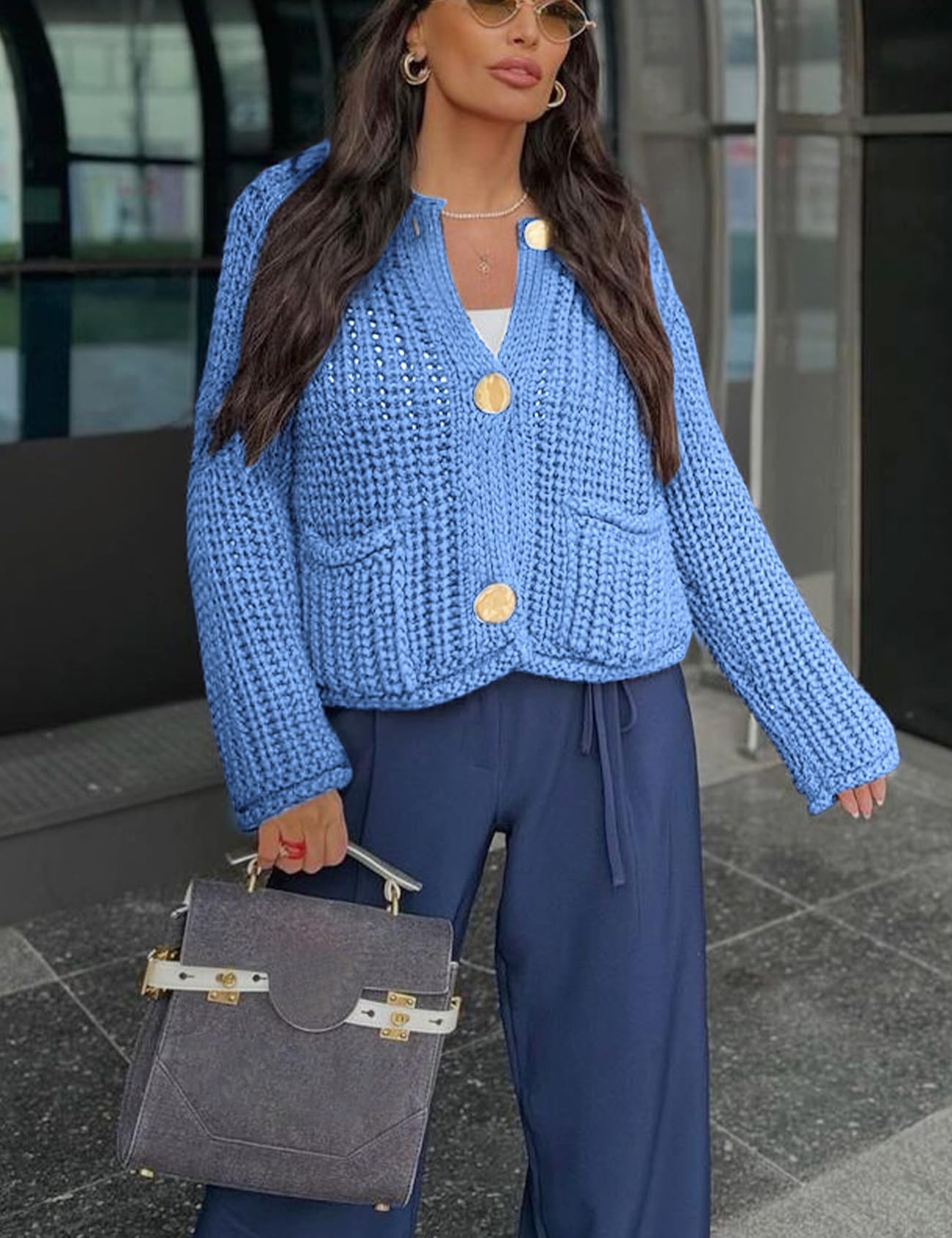 Foto 3 | Jersey Tipo Cárdigan Yimoon Para Mujer, De Punto Grueso, Azul Recortado, Talla S - Venta Internacional.