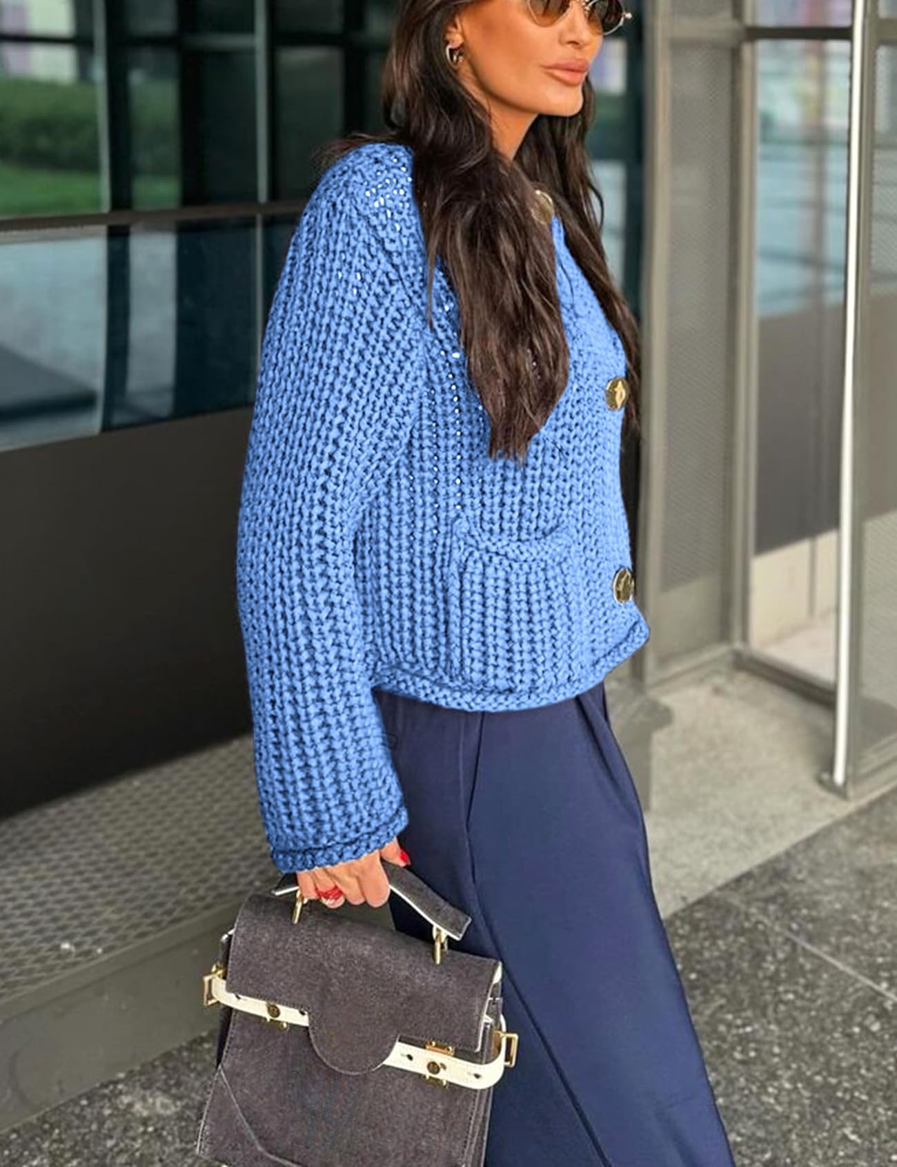 Foto 4 | Jersey Tipo Cárdigan Yimoon Para Mujer, De Punto Grueso, Azul Recortado, Talla S - Venta Internacional.