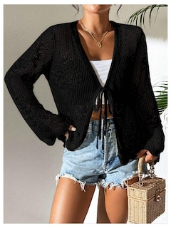 Foto 3 | Cárdigan Floerns Para Mujer, Tejido De Ganchillo Con Lazo En La Parte Delantera, Color Negro - Venta Internacional.