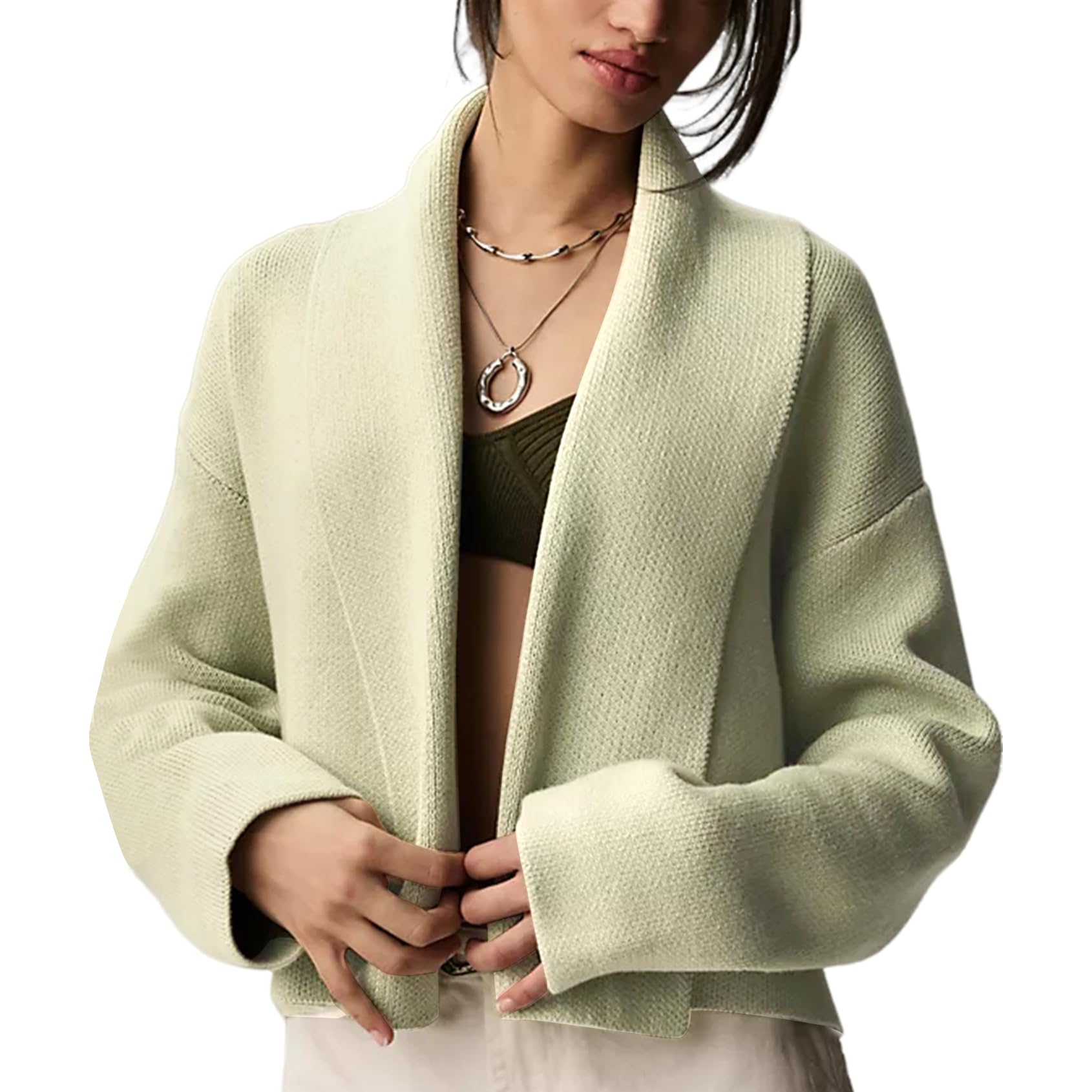 Jersey Tipo Cárdigan Yimoon, Corto, De Punto Con Solapa Extragrande, Verde - Venta Internacional.