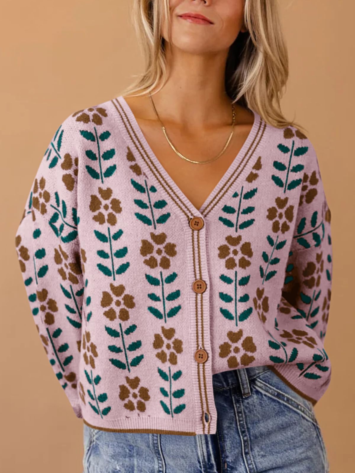 Foto 3 pulgar | Suéter De Punto Con Cuello En V Y Estampado Floral Saodimallsu Para Mujer - Venta Internacional.