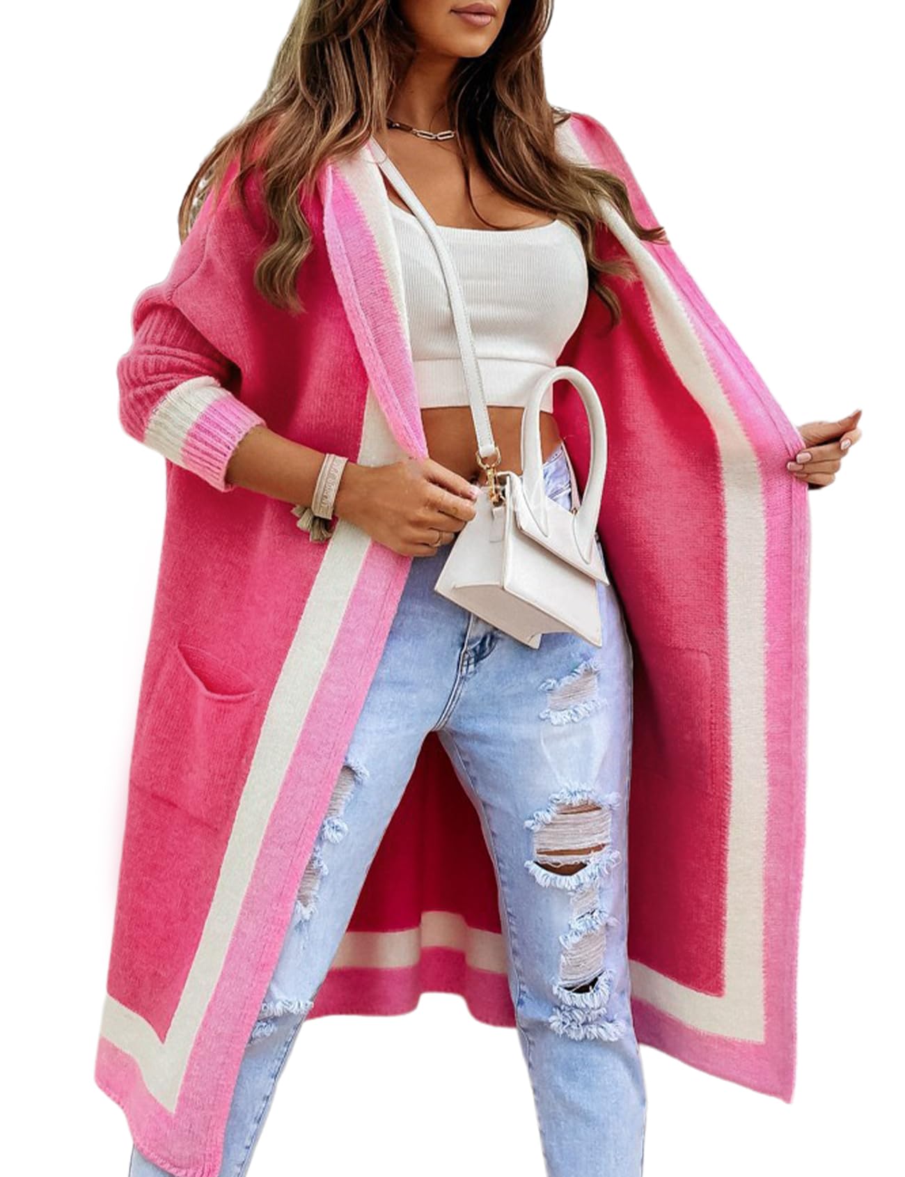 Foto 1 | Jersey Tipo Cárdigan Yimoon Color Block Con Capucha En La Parte Delantera Abierta, Rosa - Venta Internacional.