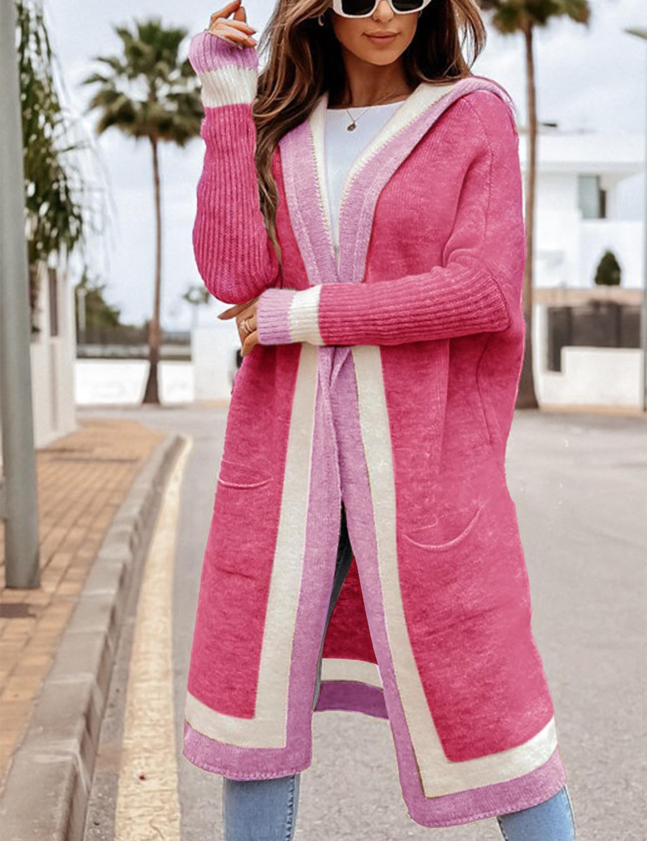 Foto 6 pulgar | Jersey Tipo Cárdigan Yimoon Color Block Con Capucha En La Parte Delantera Abierta, Rosa - Venta Internacional.