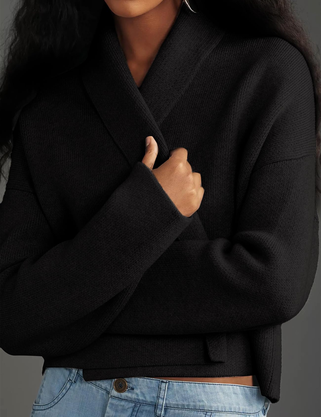 Foto 4 pulgar | Jersey Tipo Cárdigan Yimoon, Corto, De Punto Con Solapa Extragrande, Negro - Venta Internacional.