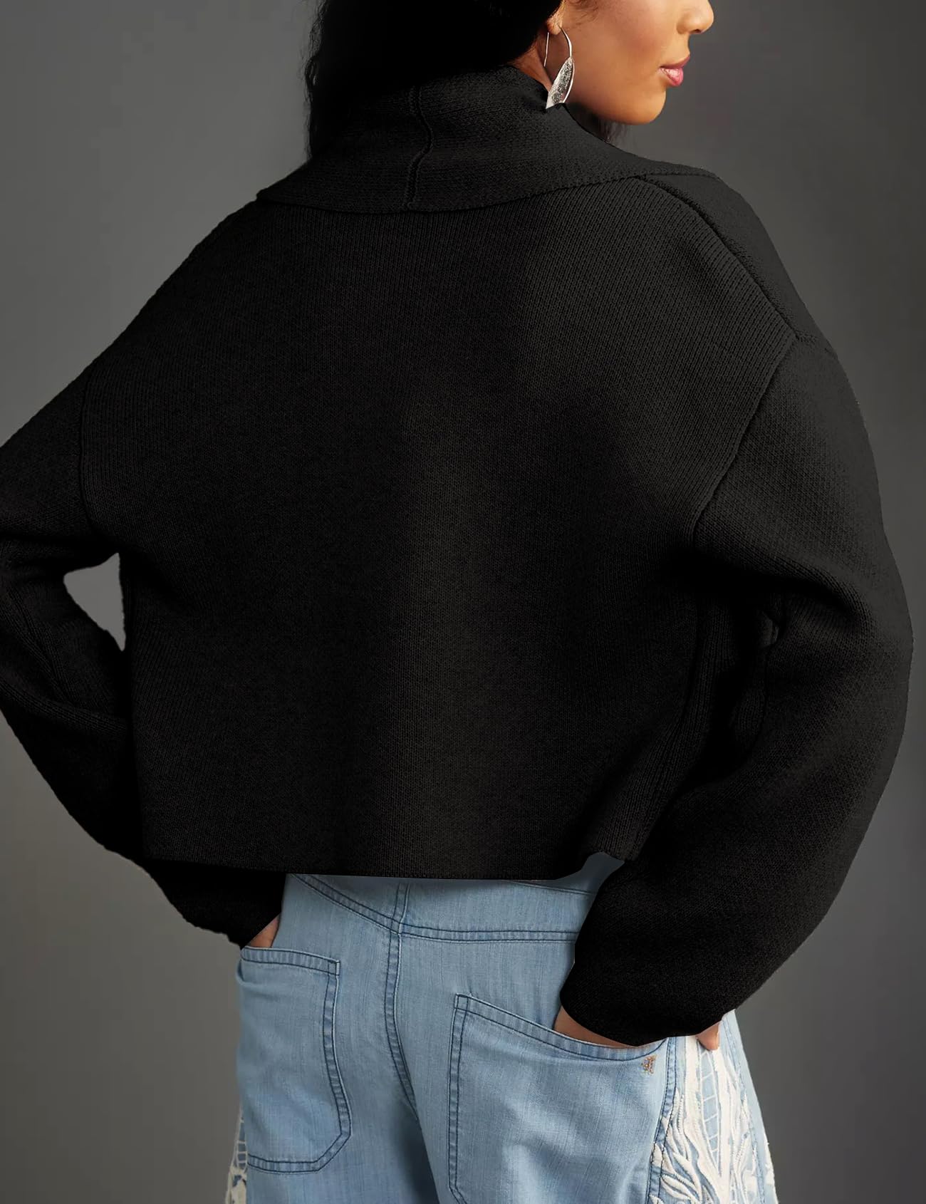 Foto 4 | Jersey Tipo Cárdigan Yimoon, Corto, De Punto Con Solapa Extragrande, Negro - Venta Internacional.