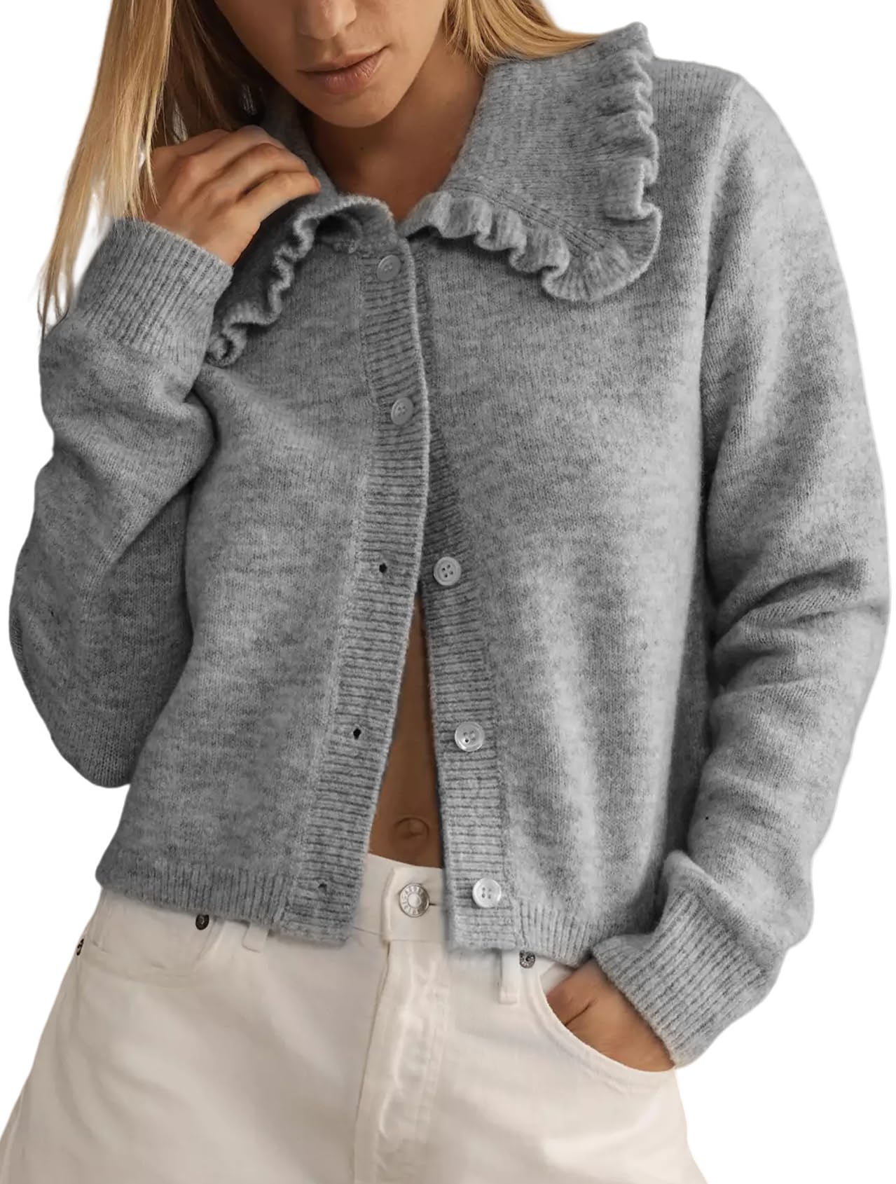 Foto 2 pulgar | Jersey Tipo Cárdigan Yimoon Con Cuello Con Volantes, Parte Delantera Abierta, Gris Para Mujer - Venta Internacional.