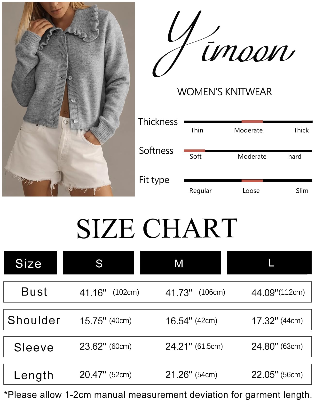 Foto 7 | Jersey Tipo Cárdigan Yimoon Con Cuello Con Volantes, Parte Delantera Abierta, Gris Para Mujer - Venta Internacional.