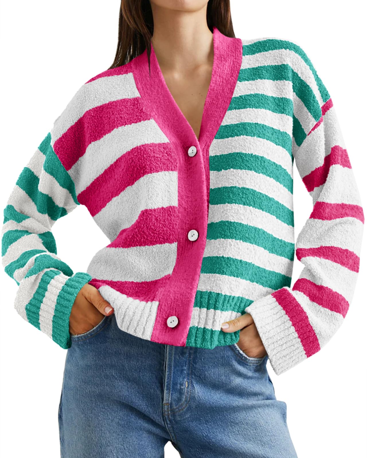 Suéter Tipo Cárdigan Saodimallsu A Rayas Con Cuello En V Y Botones Para Mujer - Venta Internacional.