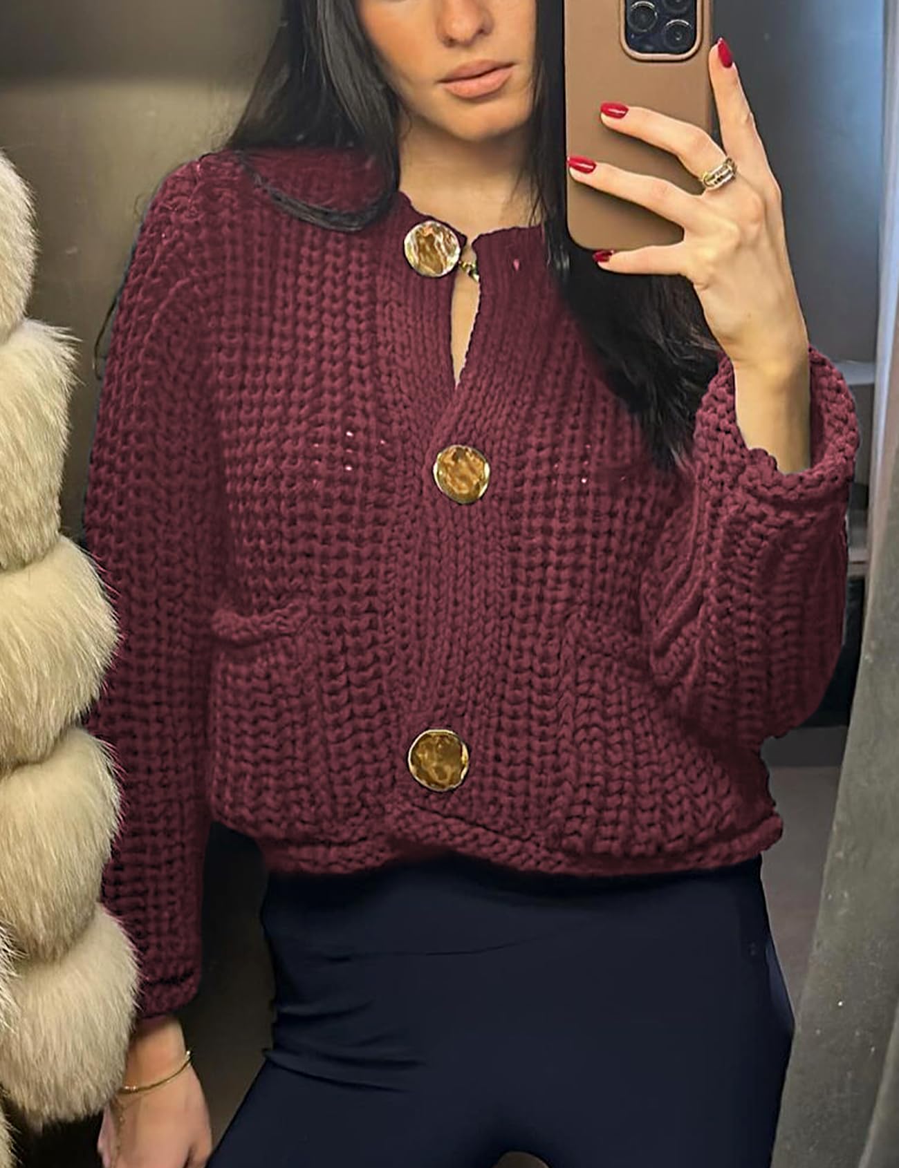 Foto 2 | Jersey Corto Tipo Cárdigan Yimoon Para Mujer, Color Rojo Oscuro, Talla L - Venta Internacional.