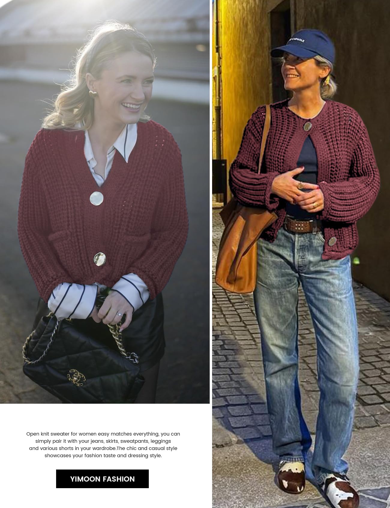 Foto 5 | Jersey Corto Tipo Cárdigan Yimoon Para Mujer, Color Rojo Oscuro, Talla L - Venta Internacional.