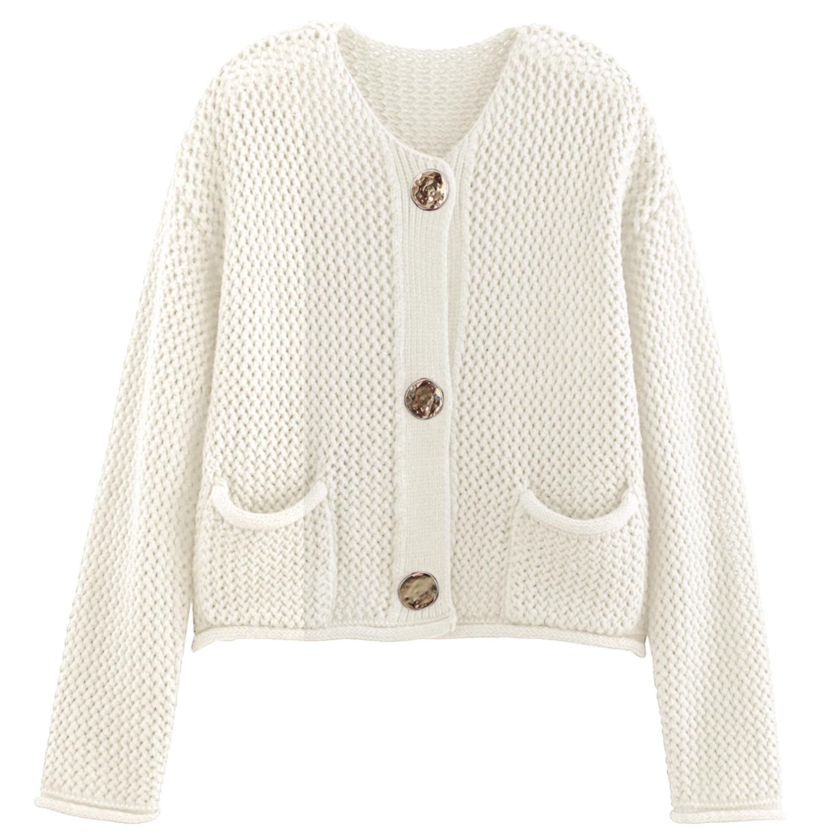 Jersey Tipo Cárdigan Yimoon De Punto Grueso Corto Con Botones Dorados, Beige - Venta Internacional.