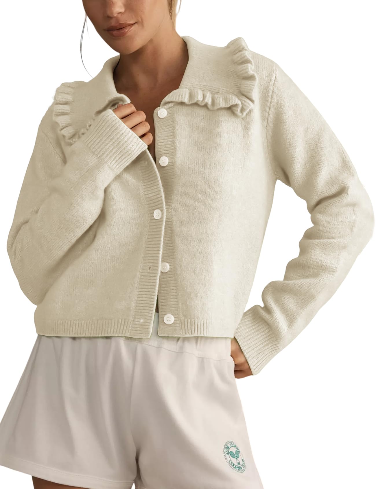 Foto 1 | Jersey Tipo Cárdigan Yimoon Con Cuello Con Volantes Para Mujer Apricot-m - Venta Internacional.