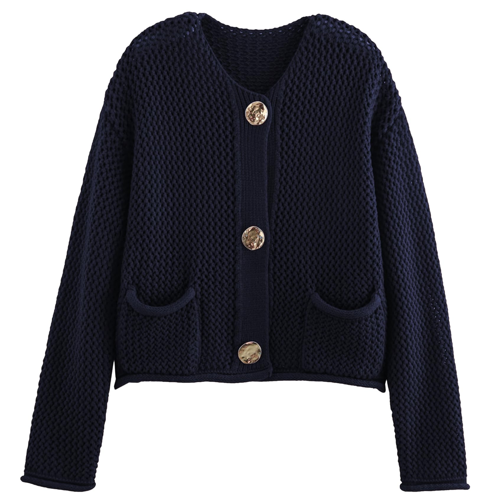 Jersey Tipo Cárdigan Yimoon, De Punto Grueso, Corto, Con Botones Dorados, Azul Marino - Venta Internacional.
