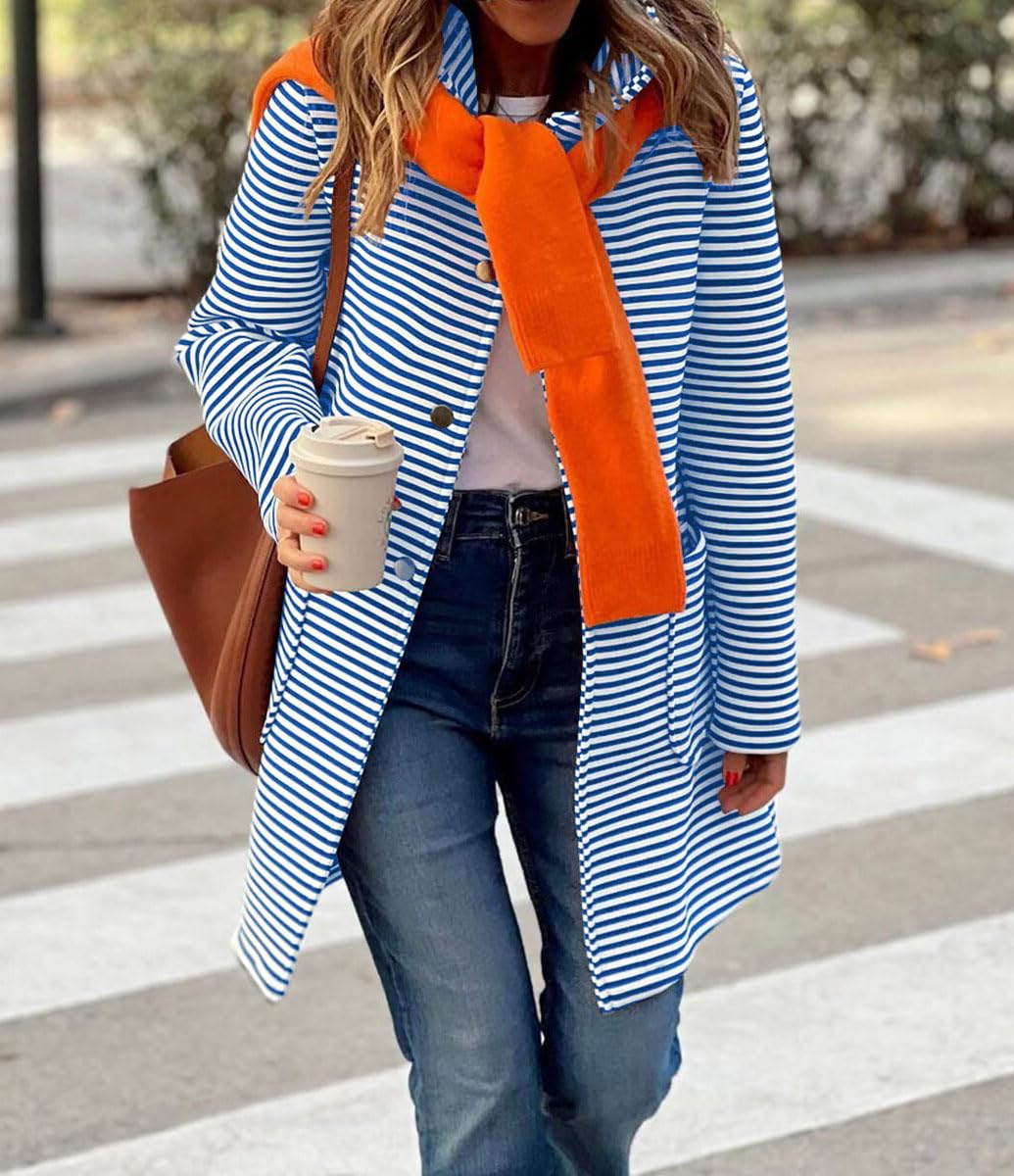 Foto 4 | Jersey Tipo Cárdigan Chouyatou Para Mujer, Color Bloque A Rayas, Azul - Venta Internacional.
