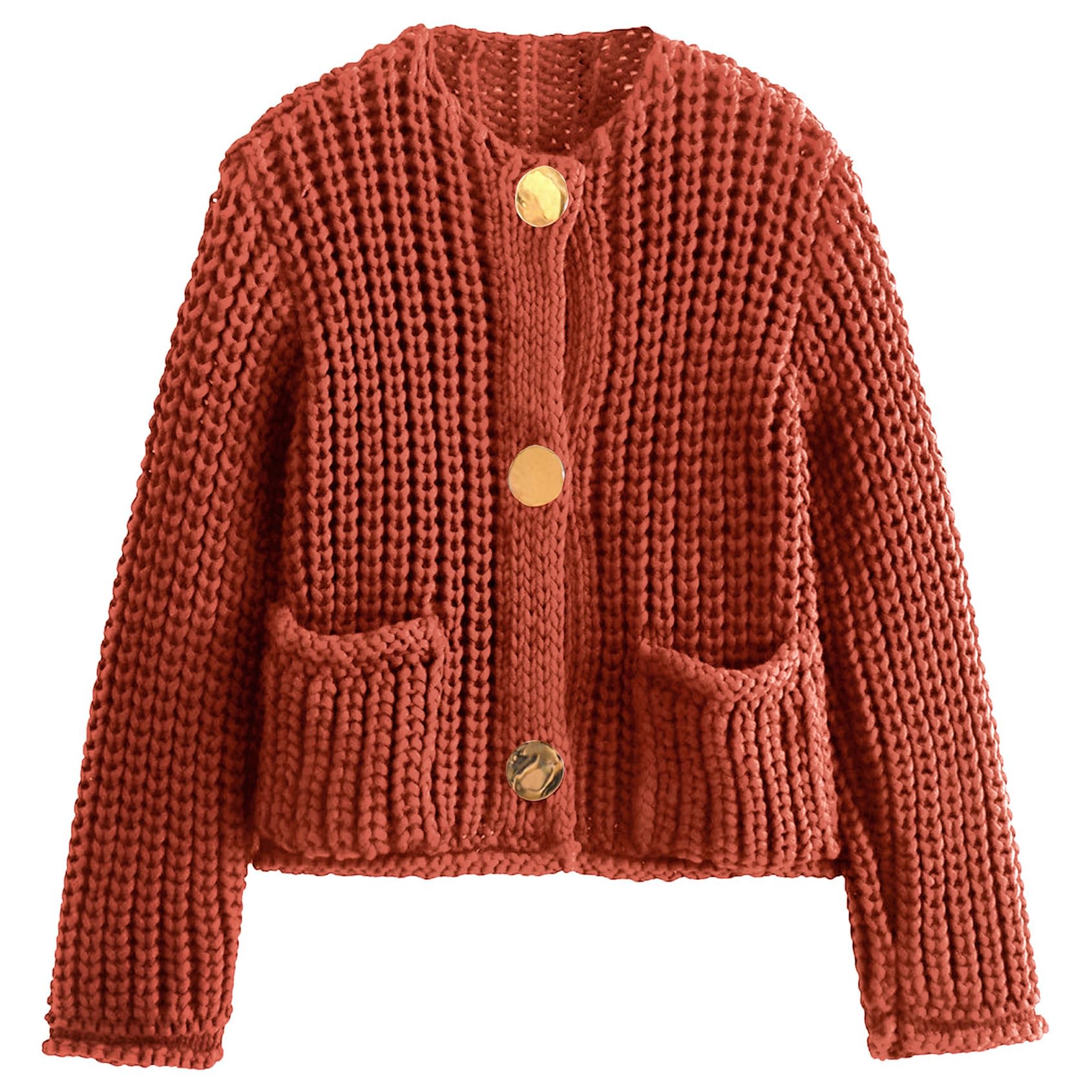 Jersey Tipo Cárdigan Yimoon Para Mujer, Corto, De Punto Grueso, Rojo Ladrillo - Venta Internacional.
